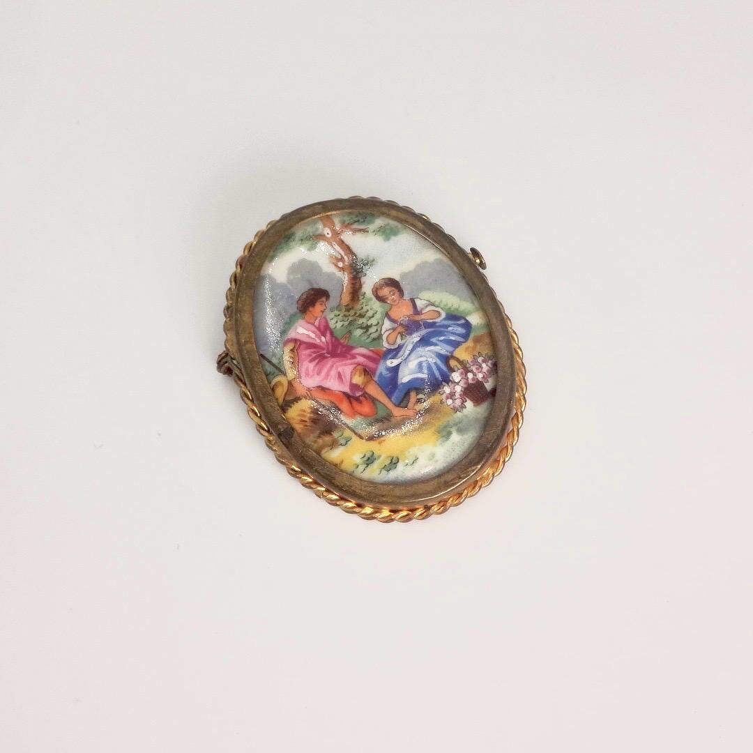 Vintage Genuine French Limoges Hand Painted Porcelian Cameo Bronze Necklace Choker pin