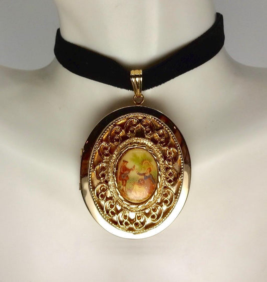 Vintage Genuine French Limoges Hand Painted Porcelian Cameo Bronze Locket Necklace Choker pin