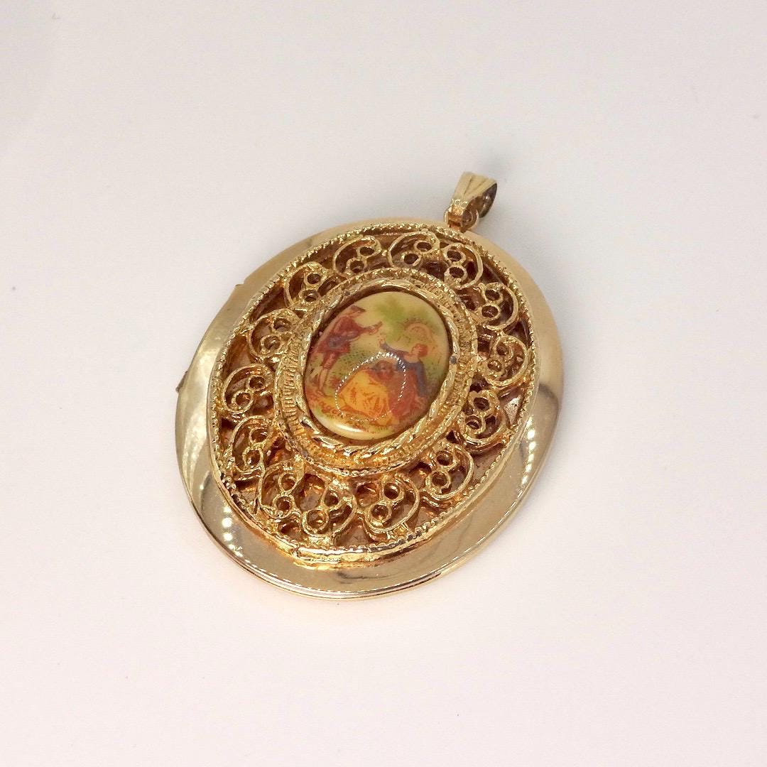 Vintage Genuine French Limoges Hand Painted Porcelian Cameo Bronze Locket Necklace Choker pin