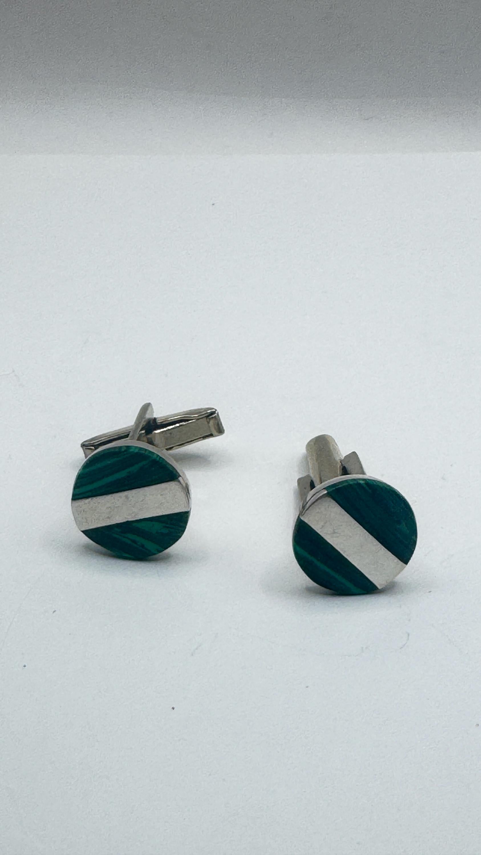 Vintage Green Malachite Cuff Links 925 Sterling Silver