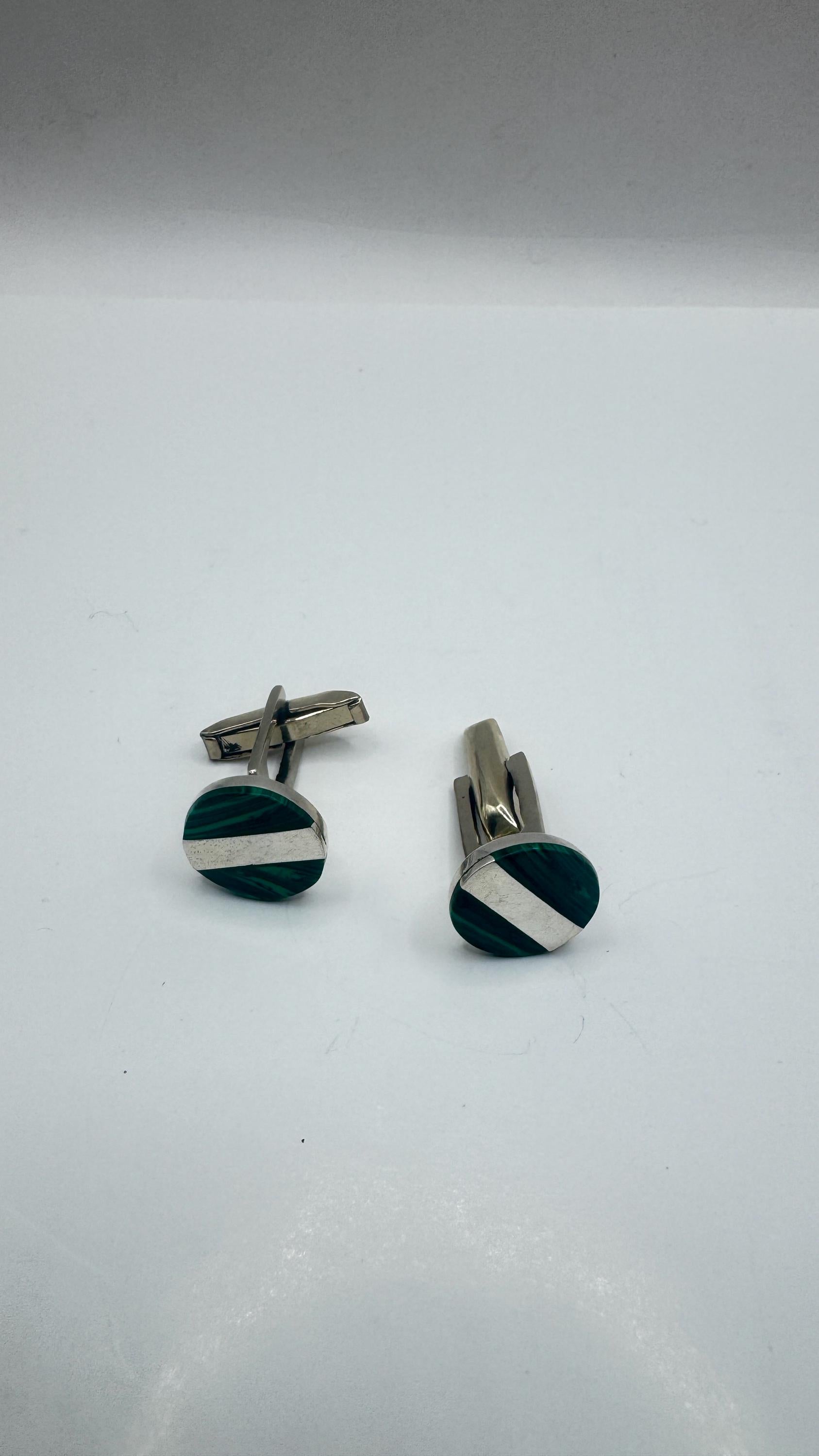 Vintage Green Malachite Cuff Links 925 Sterling Silver