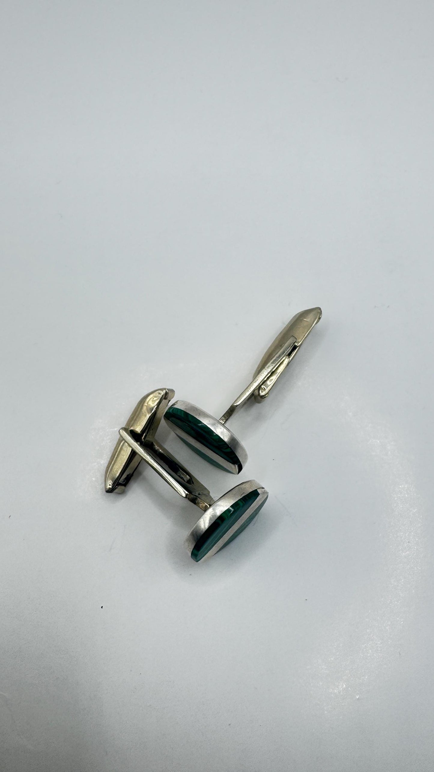 Vintage Green Malachite Cuff Links 925 Sterling Silver