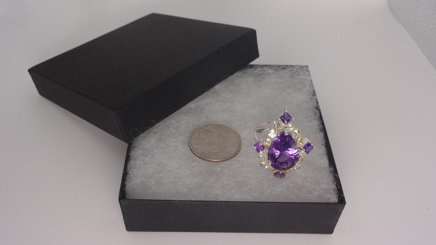 Vintage Purple Amethyst Aquamarine 925 Sterling Silver Huge Chunky Statement Ring