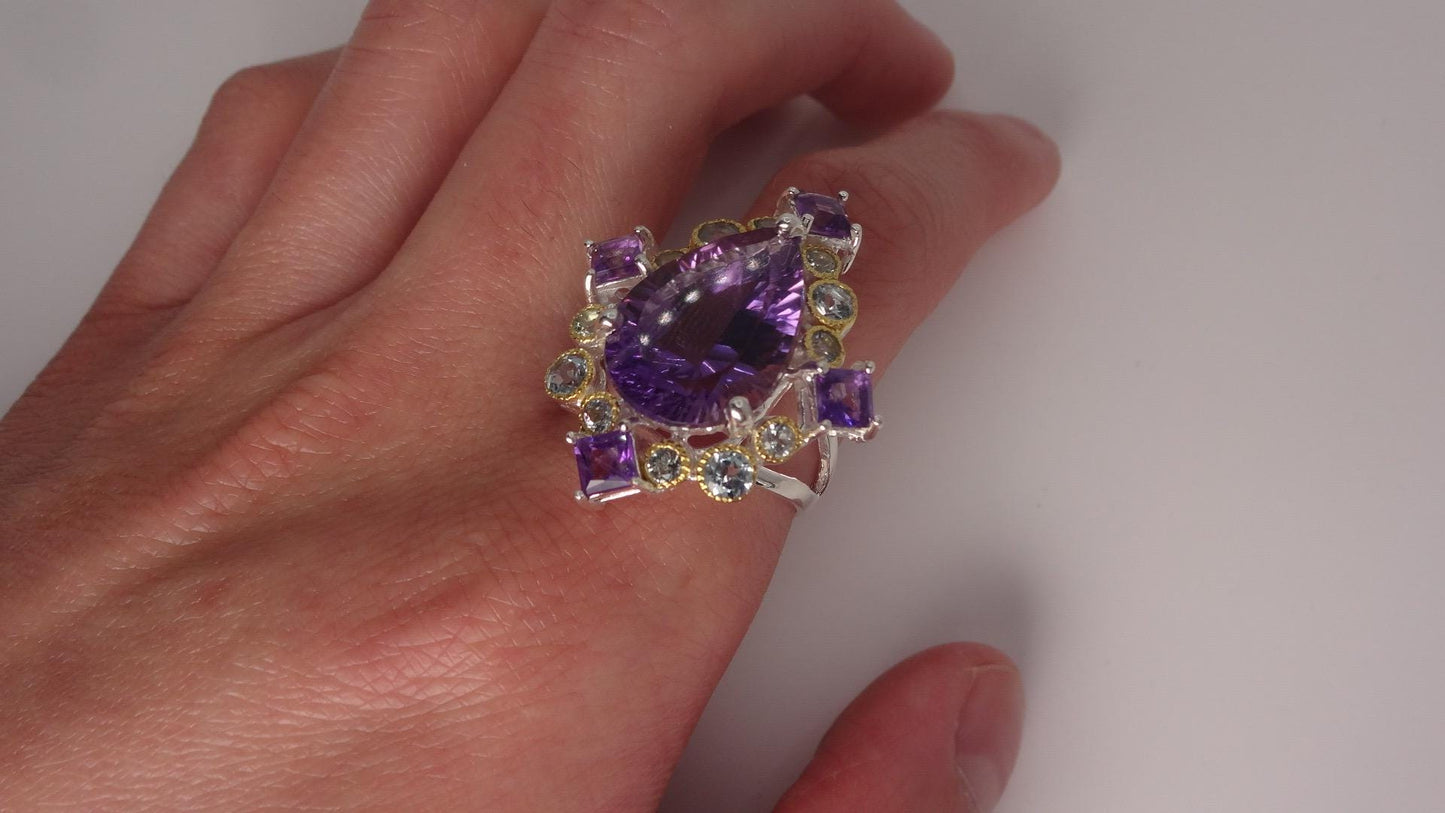 Vintage Purple Amethyst Aquamarine 925 Sterling Silver Huge Chunky Statement Ring