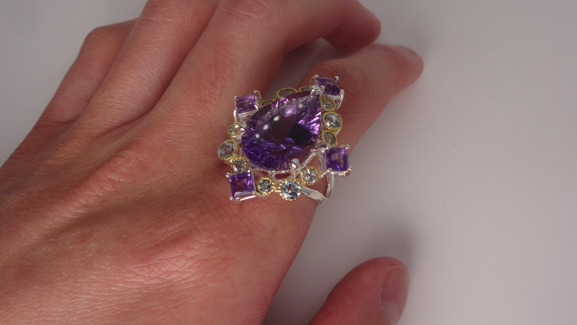 Vintage Purple Amethyst Aquamarine 925 Sterling Silver Huge Chunky Statement Ring