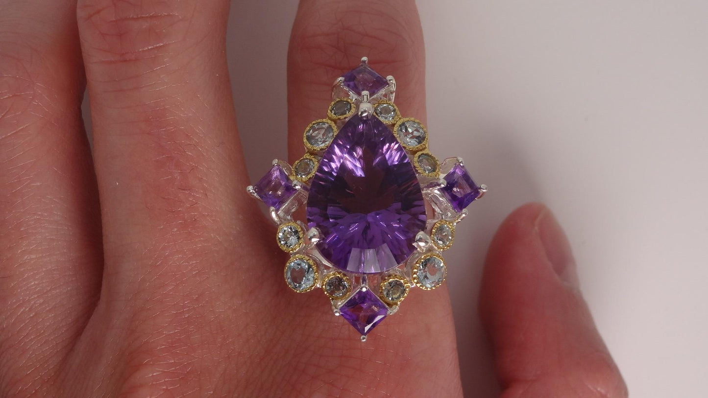 Vintage Purple Amethyst Aquamarine 925 Sterling Silver Huge Chunky Statement Ring