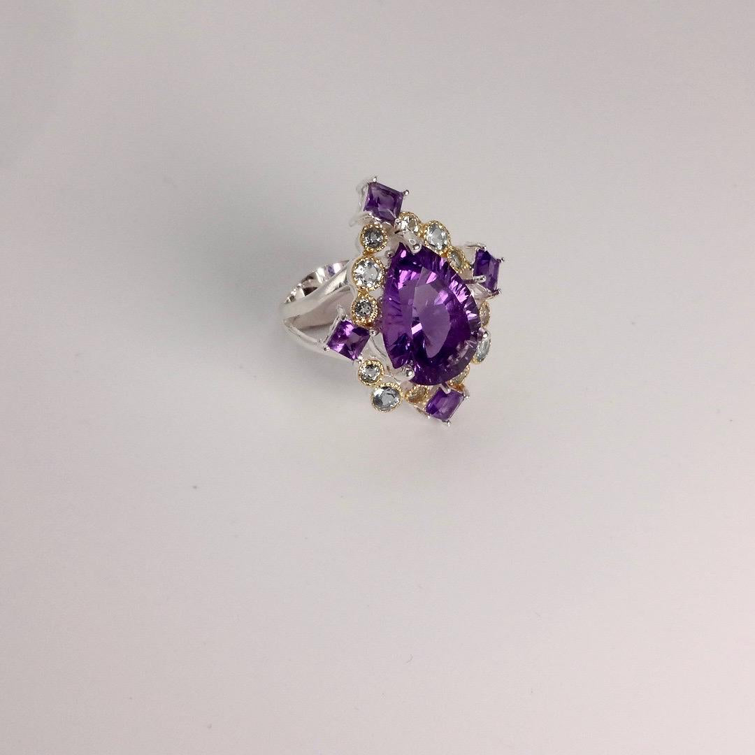 Vintage Purple Amethyst Aquamarine 925 Sterling Silver Huge Chunky Statement Ring
