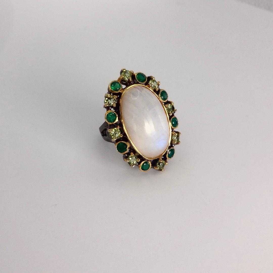 Vintage Rainbow Moonstone Green Peridot Chrome Diopside 925 Sterling Silver Statement Ring