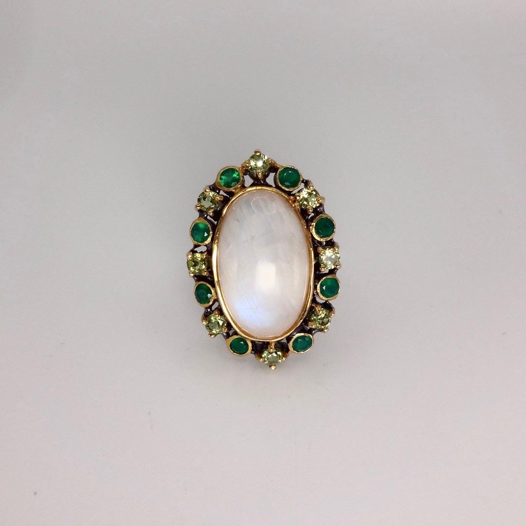 Vintage Rainbow Moonstone Green Peridot Chrome Diopside 925 Sterling Silver Statement Ring