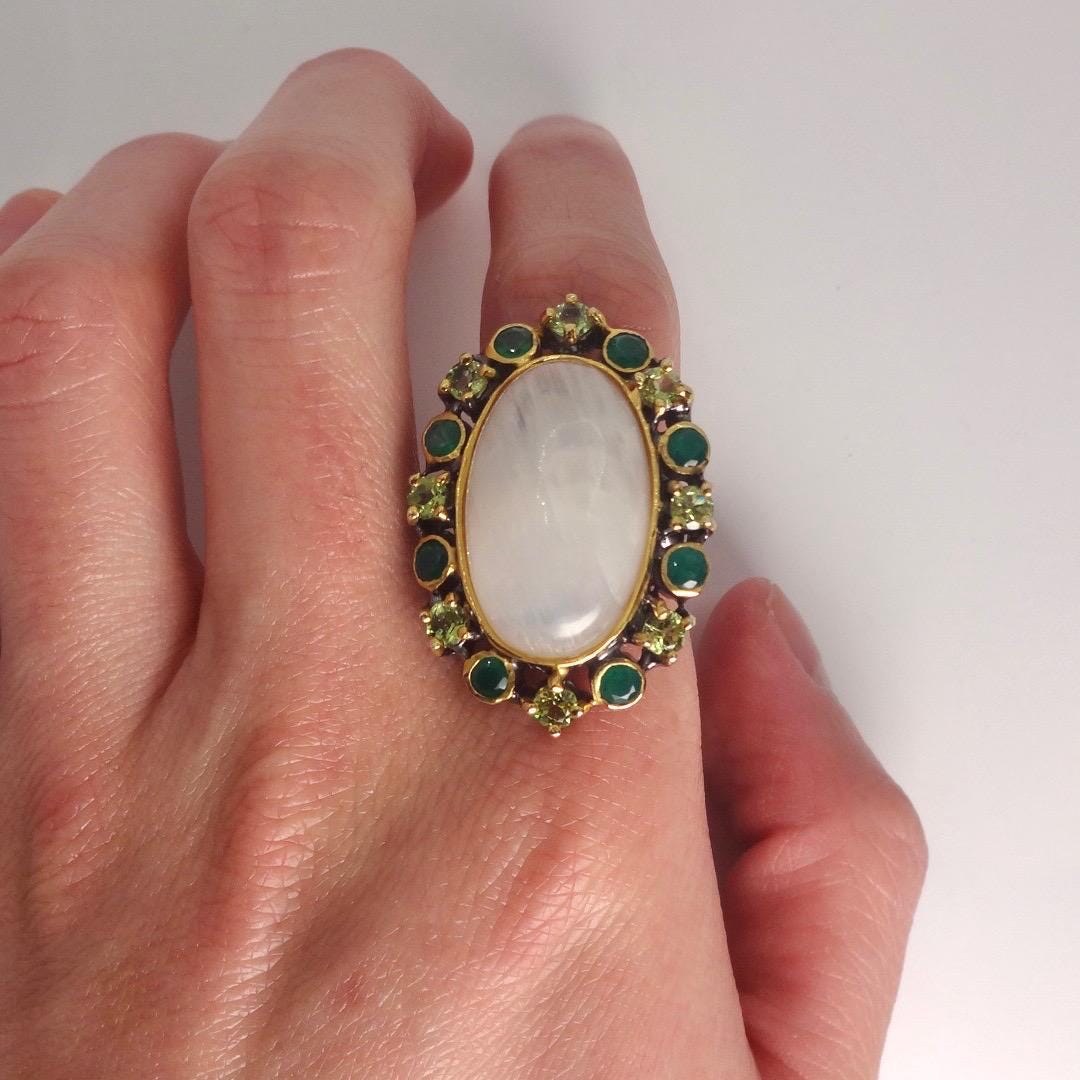 Vintage Rainbow Moonstone Green Peridot Chrome Diopside 925 Sterling Silver Statement Ring