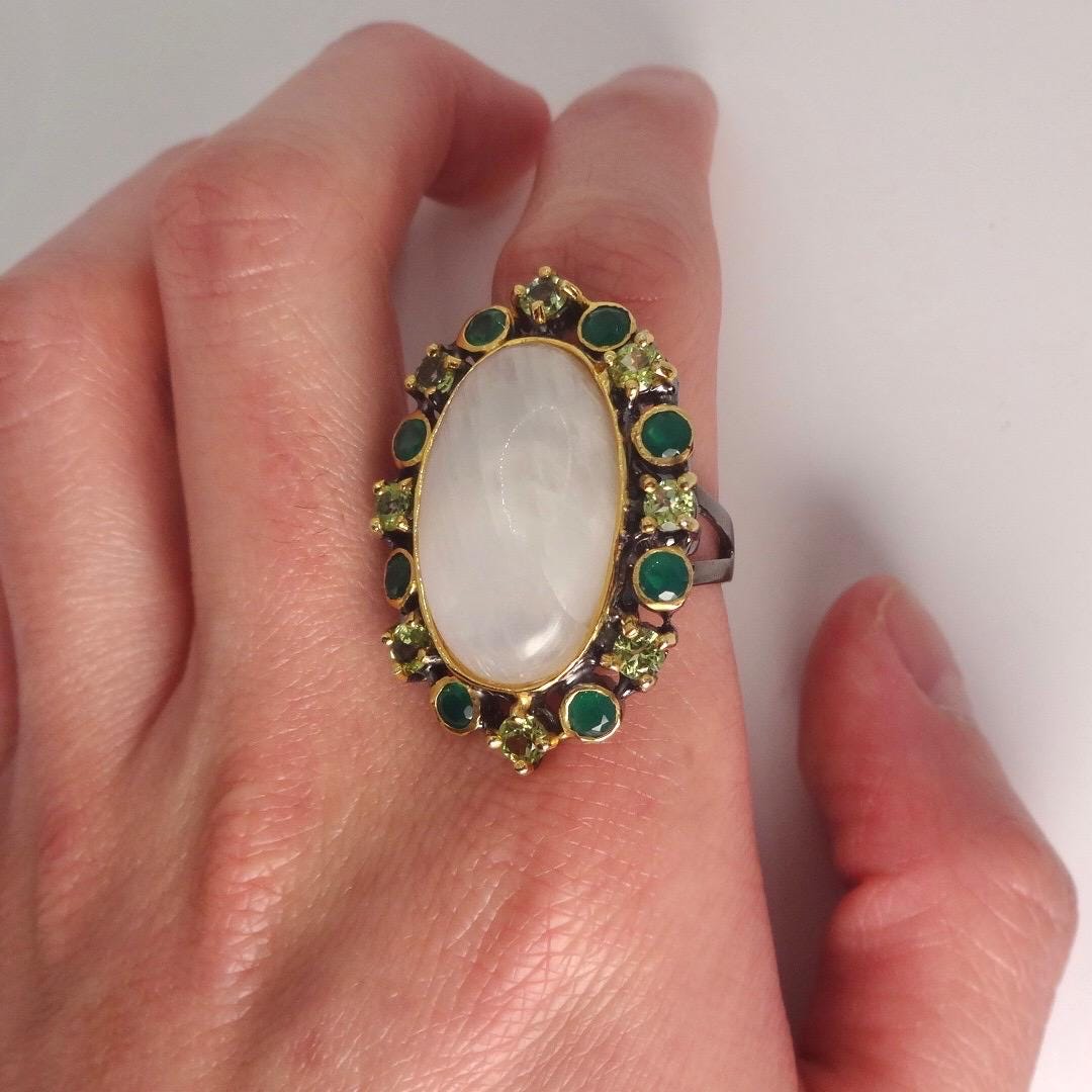Vintage Rainbow Moonstone Green Peridot Chrome Diopside 925 Sterling Silver Statement Ring