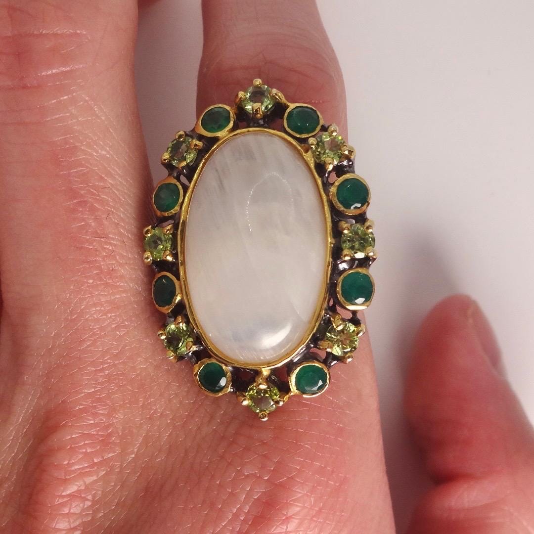 Vintage Rainbow Moonstone Green Peridot Chrome Diopside 925 Sterling Silver Statement Ring