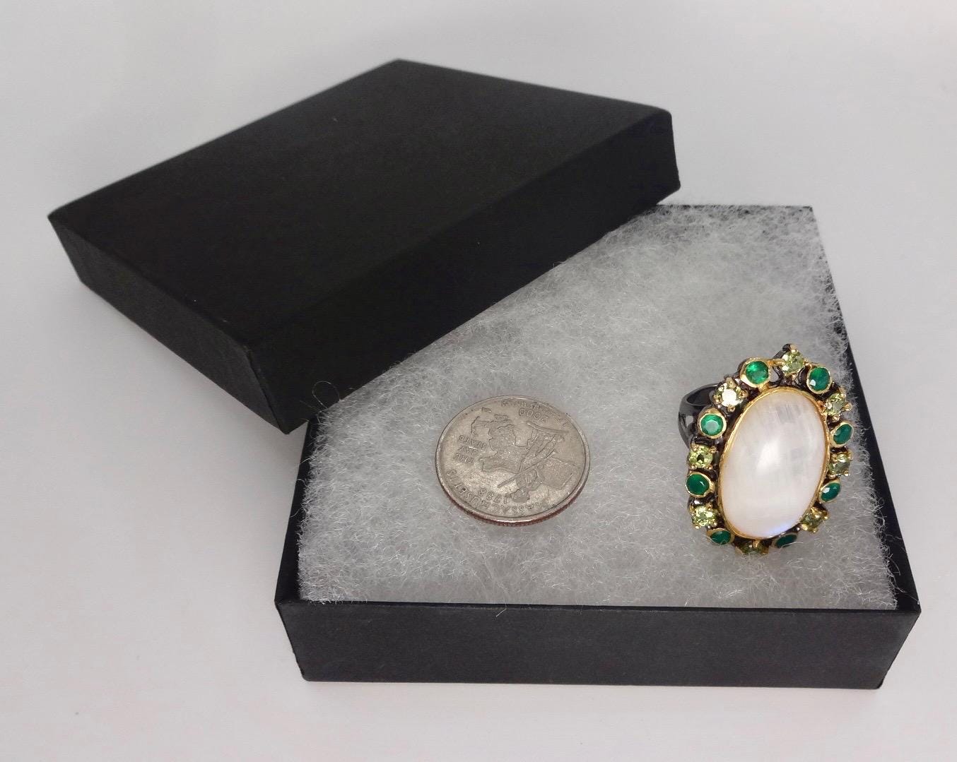 Vintage Rainbow Moonstone Green Peridot Chrome Diopside 925 Sterling Silver Statement Ring