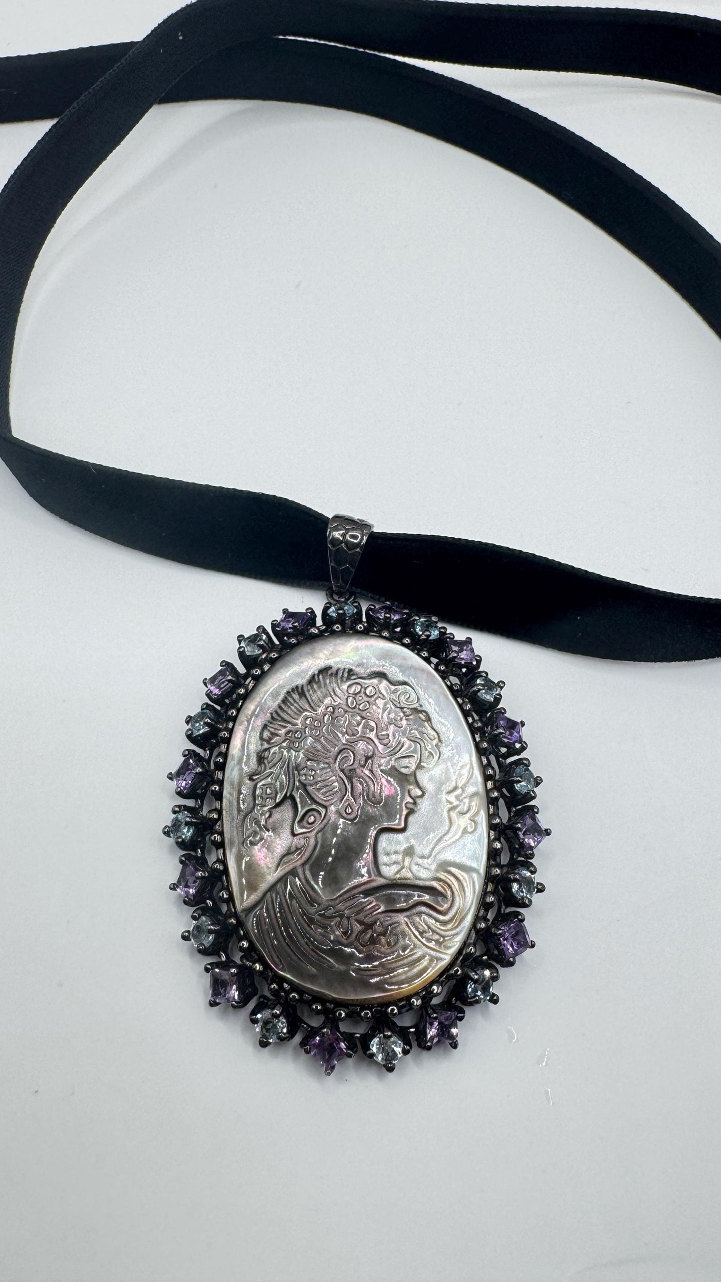 Vintage abalone Cameo Gold Filled Necklace Pin Brooch