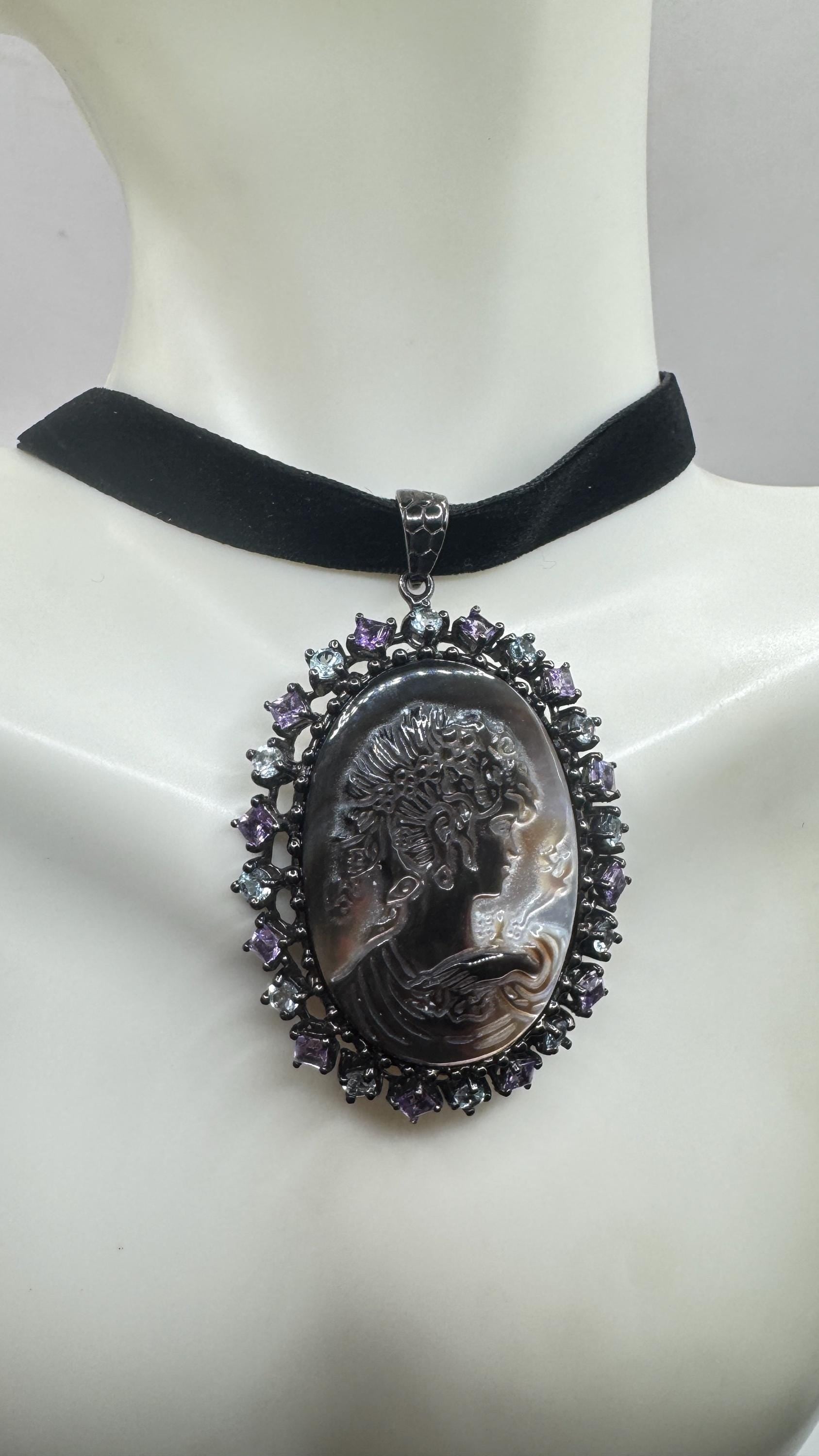 Vintage abalone Cameo Gold Filled Necklace Pin Brooch