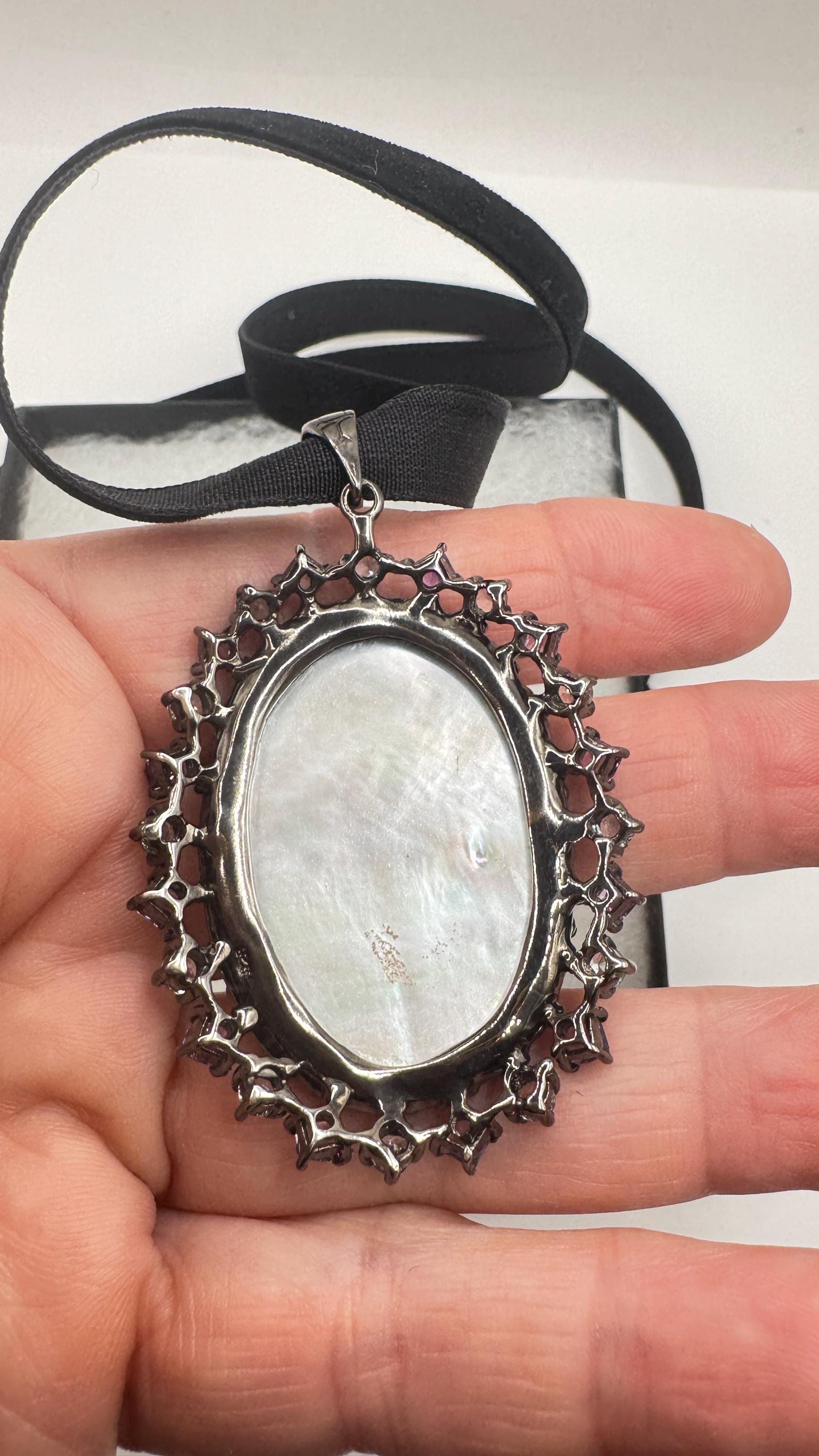 Vintage abalone Cameo Gold Filled Necklace Pin Brooch