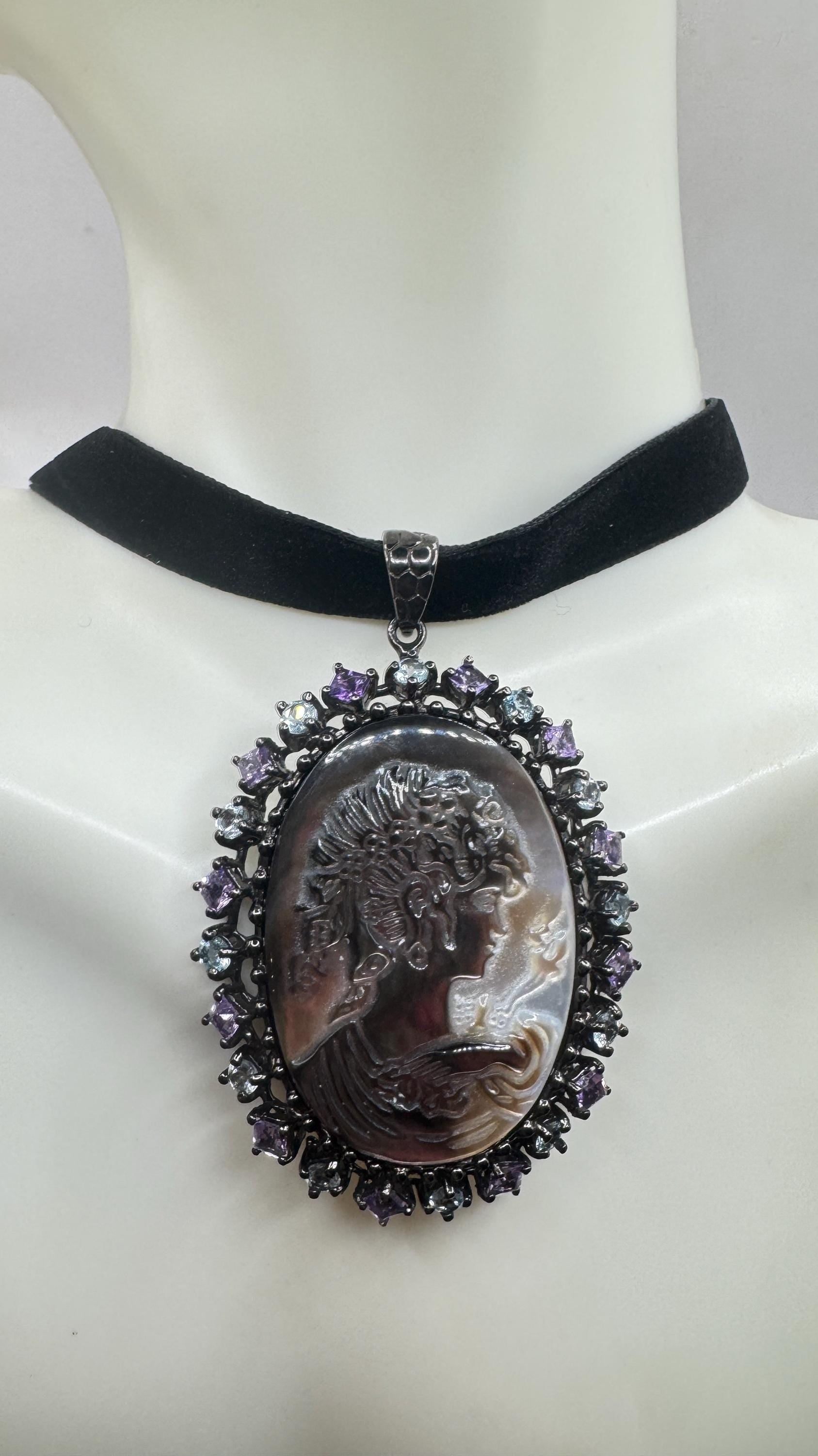 Vintage abalone Cameo Gold Filled Necklace Pin Brooch