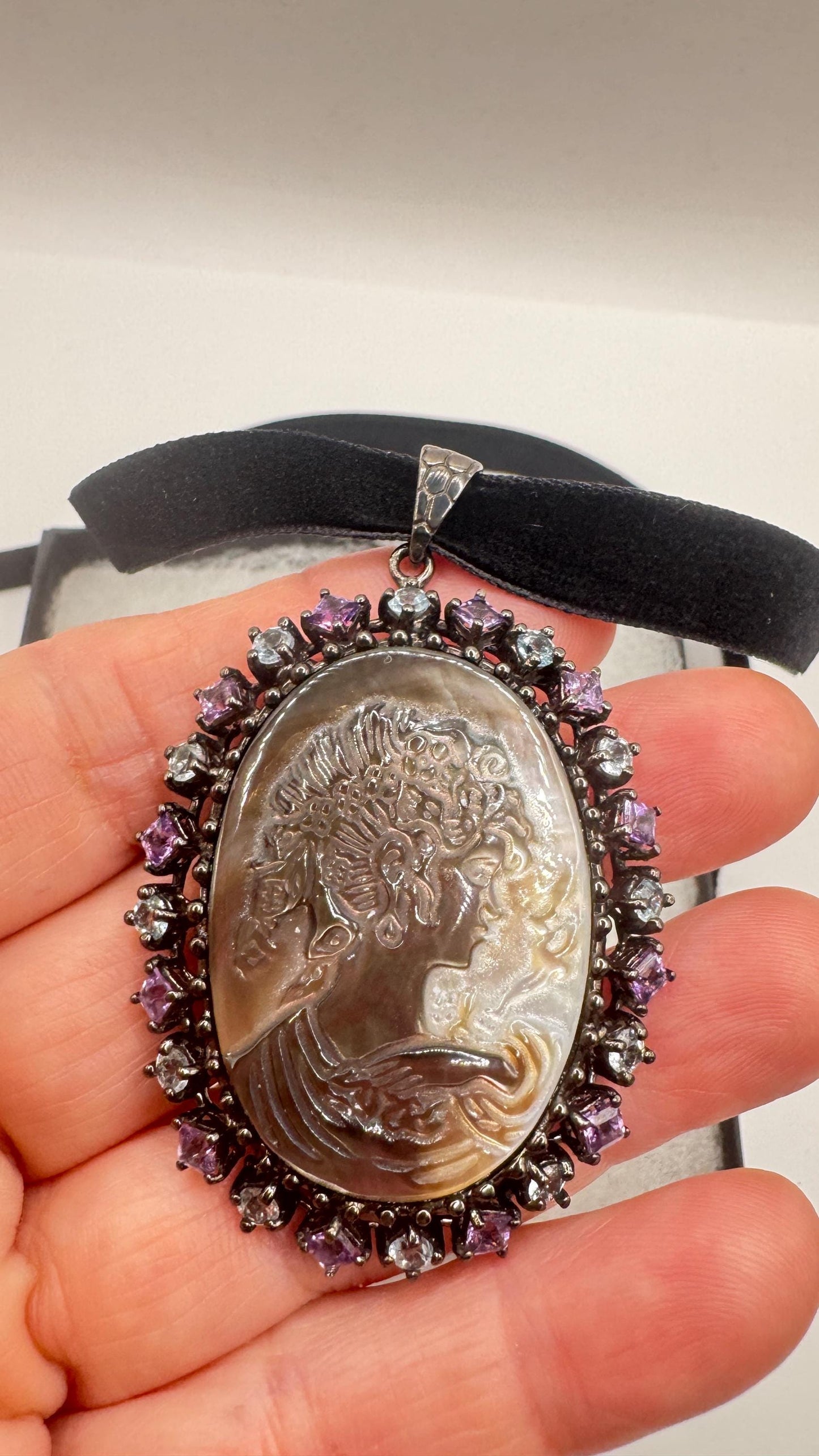 Vintage abalone Cameo Gold Filled Necklace Pin Brooch