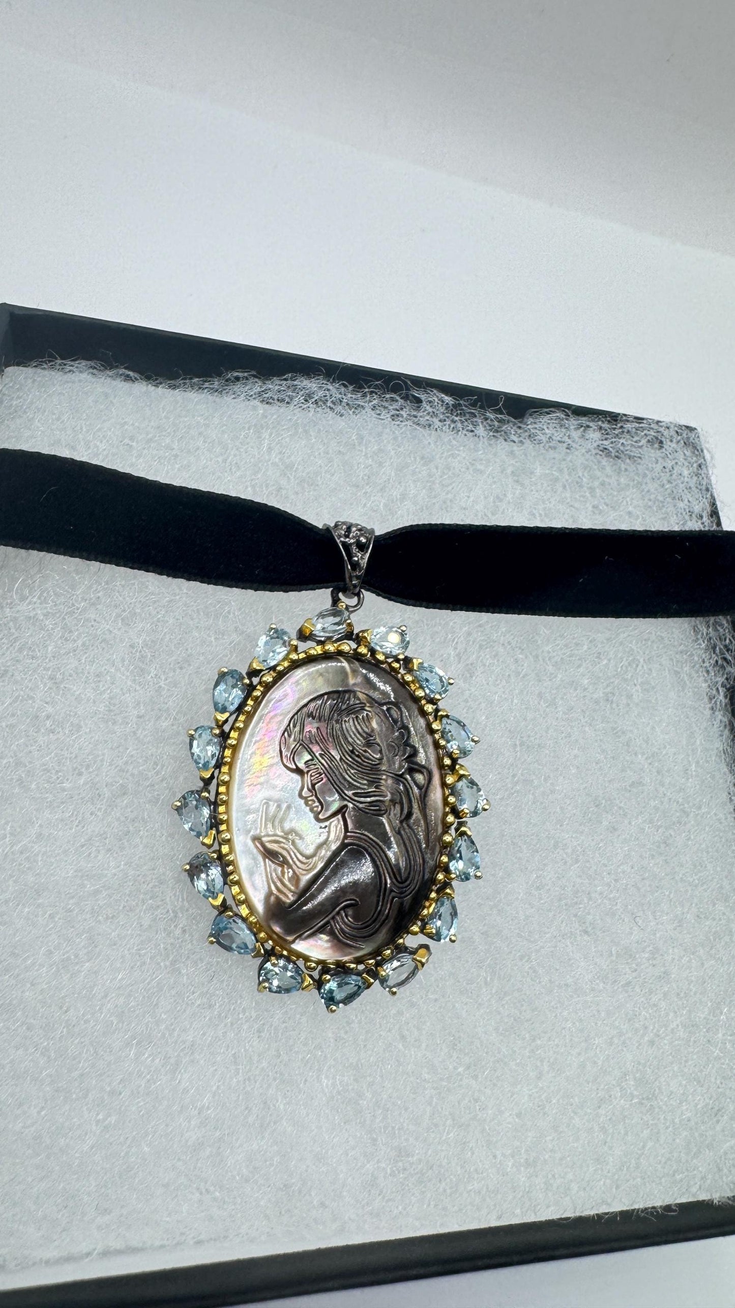 Vintage abalone Cameo Necklace 925 Sterling Silver