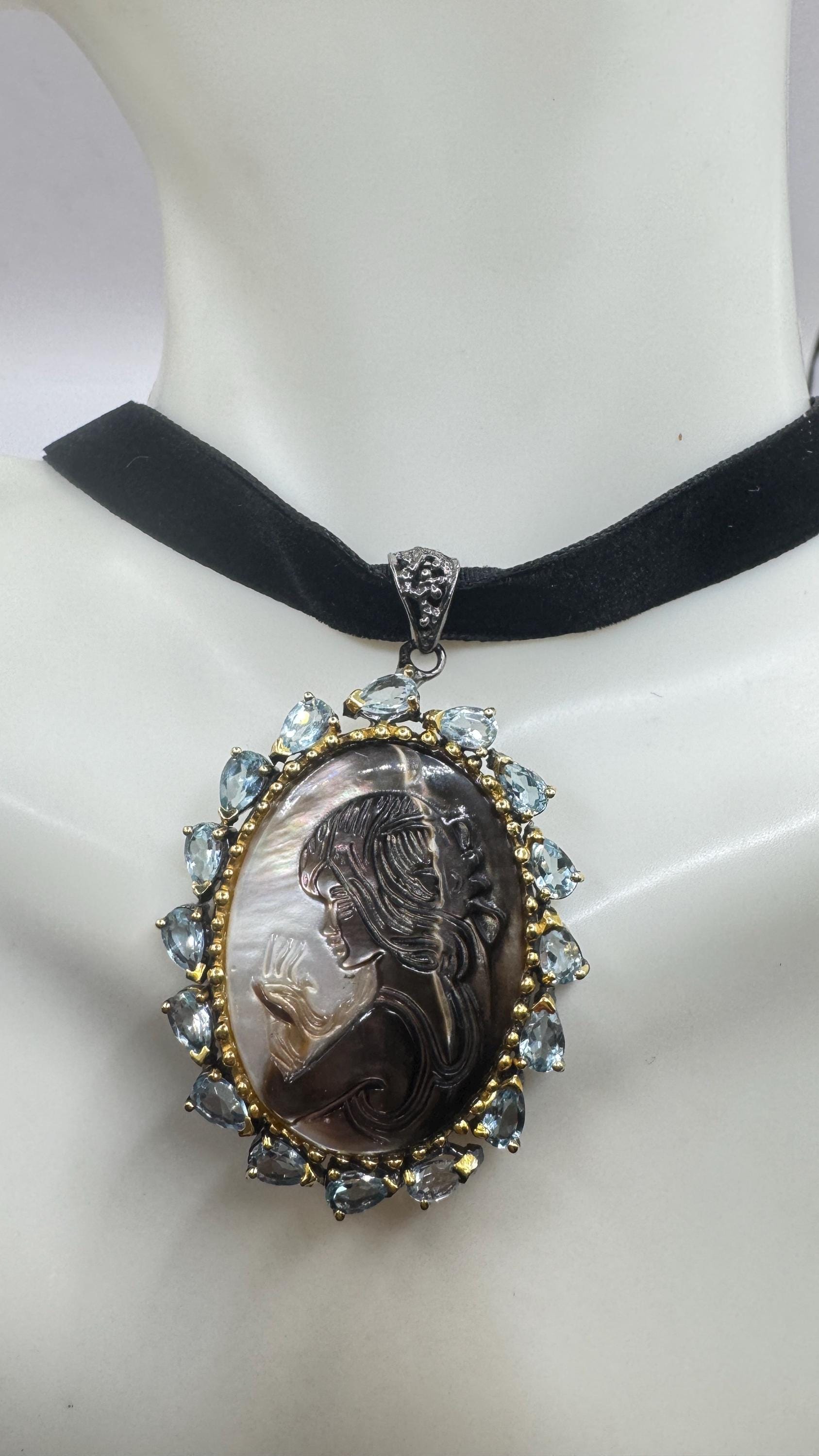 Vintage abalone Cameo Necklace 925 Sterling Silver