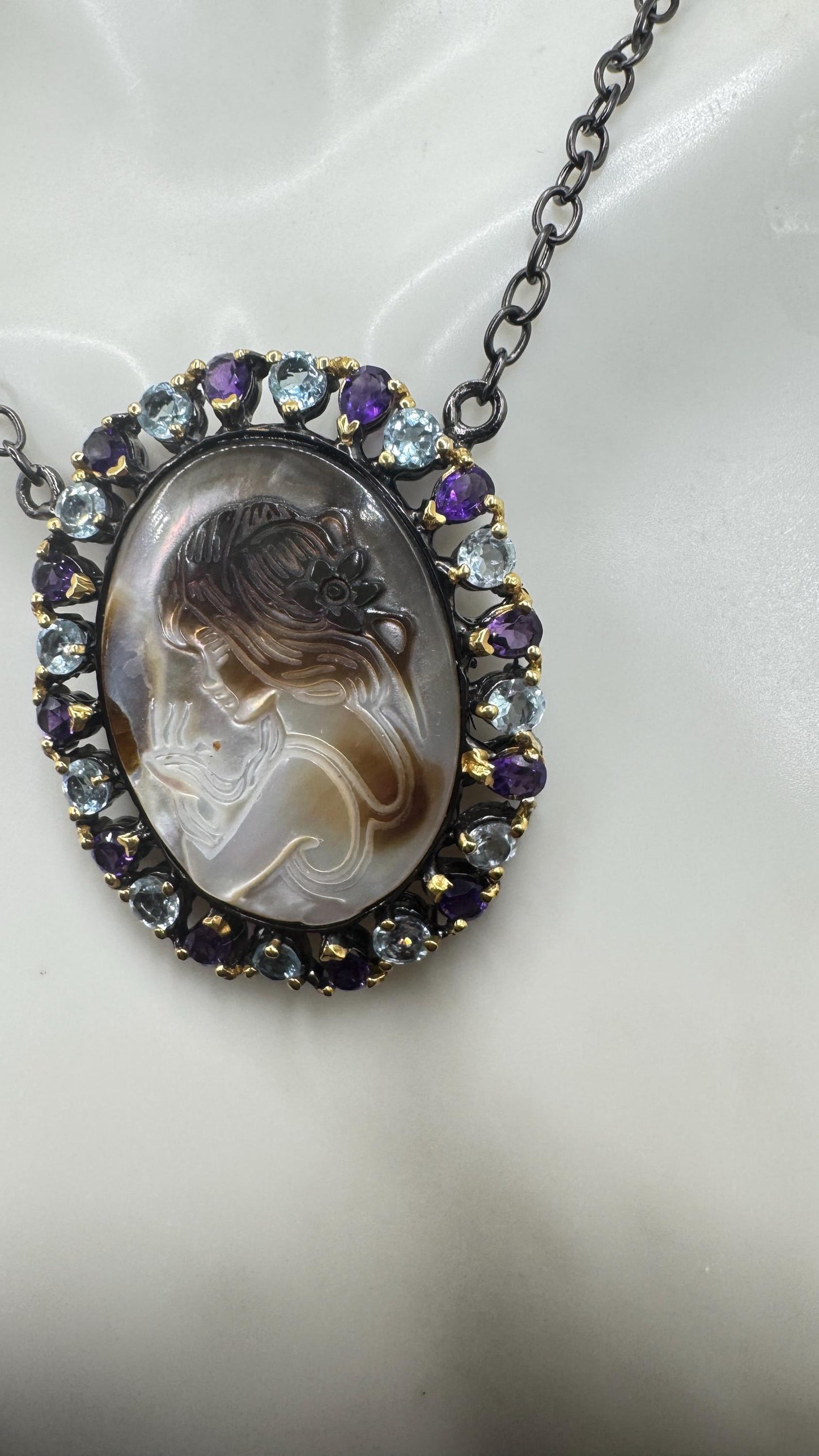 Vintage abalone Cameo Necklace 925 Sterling Silver