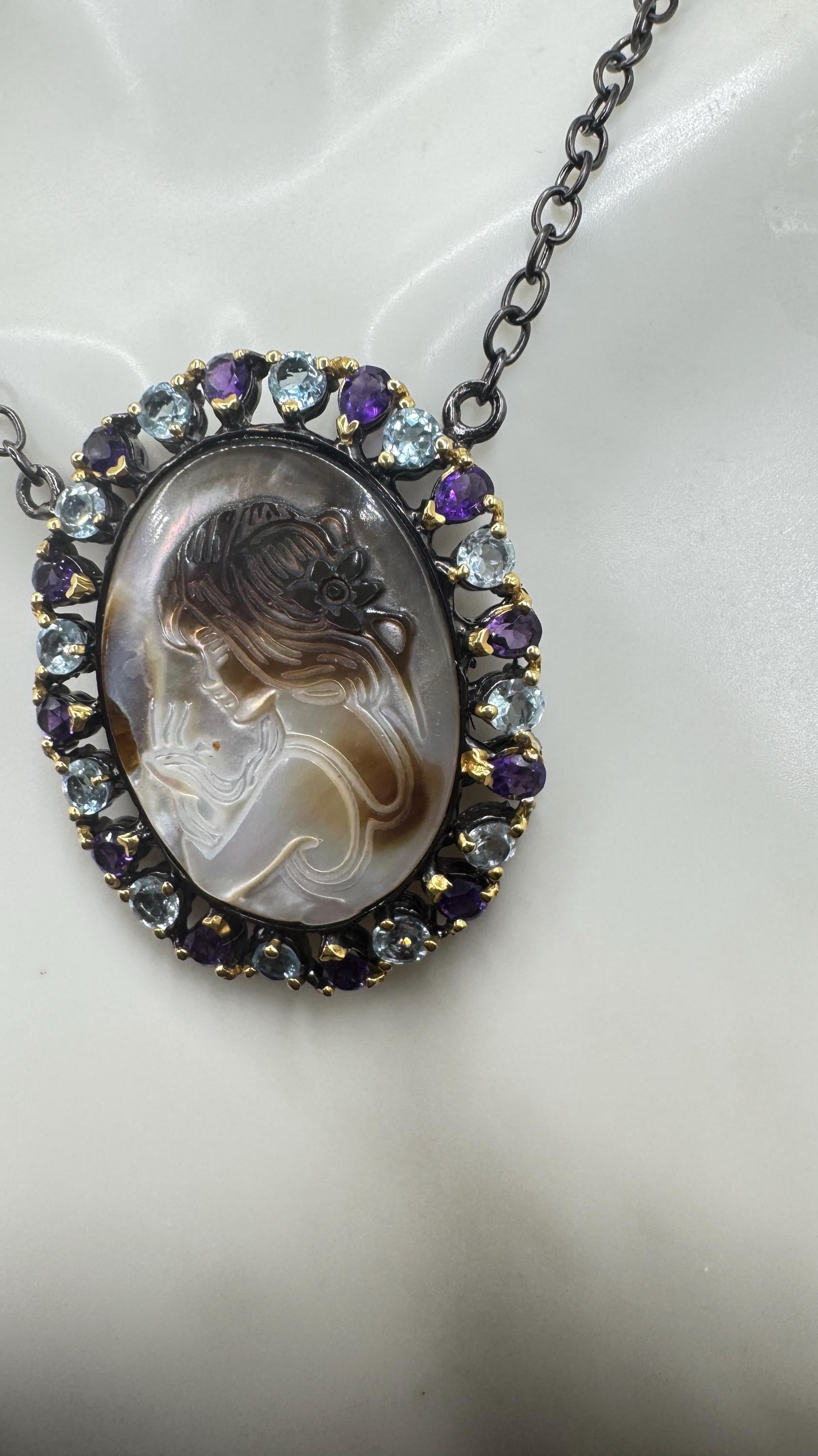Vintage abalone Cameo Necklace 925 Sterling Silver