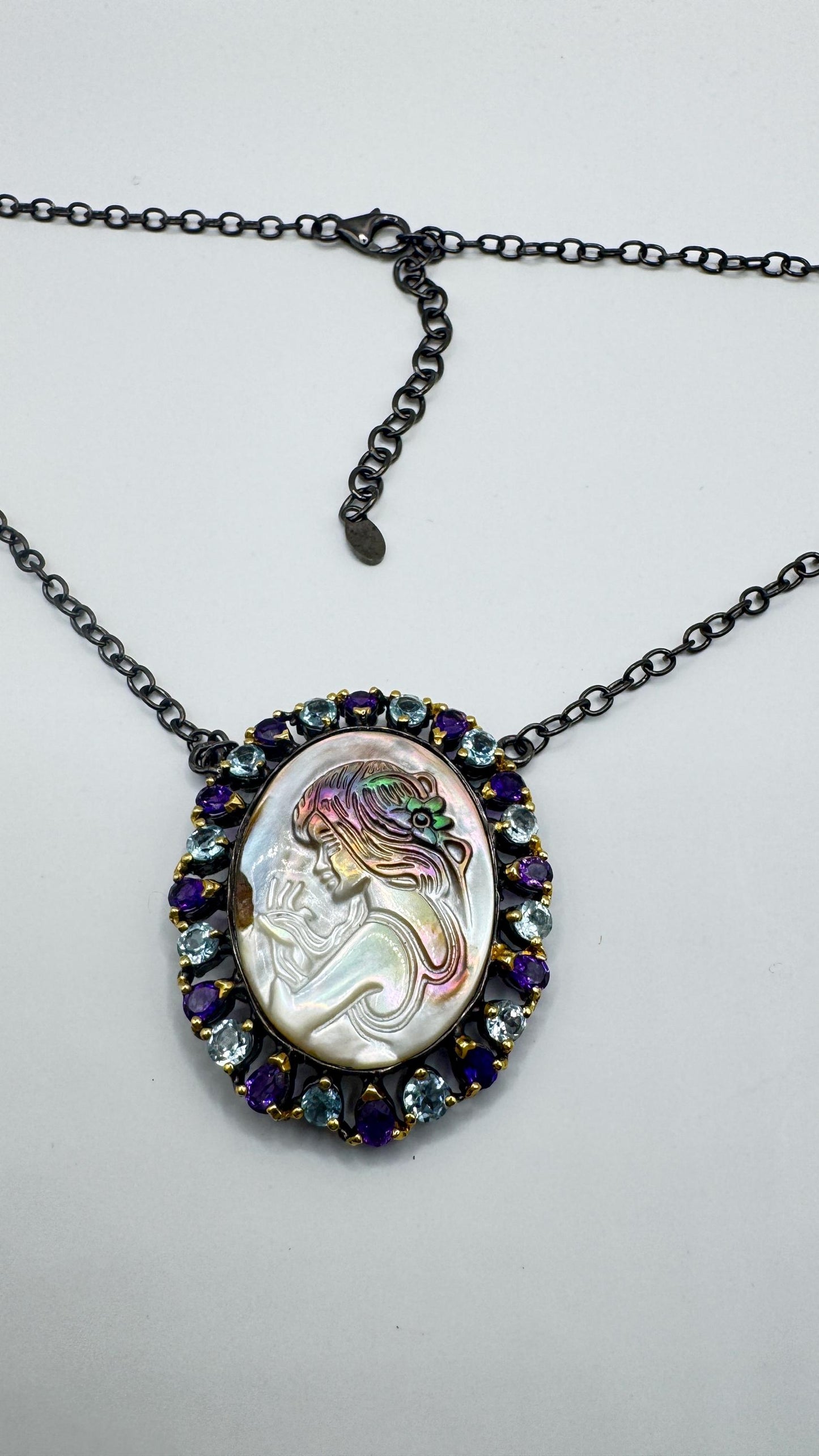 Vintage abalone Cameo Necklace 925 Sterling Silver