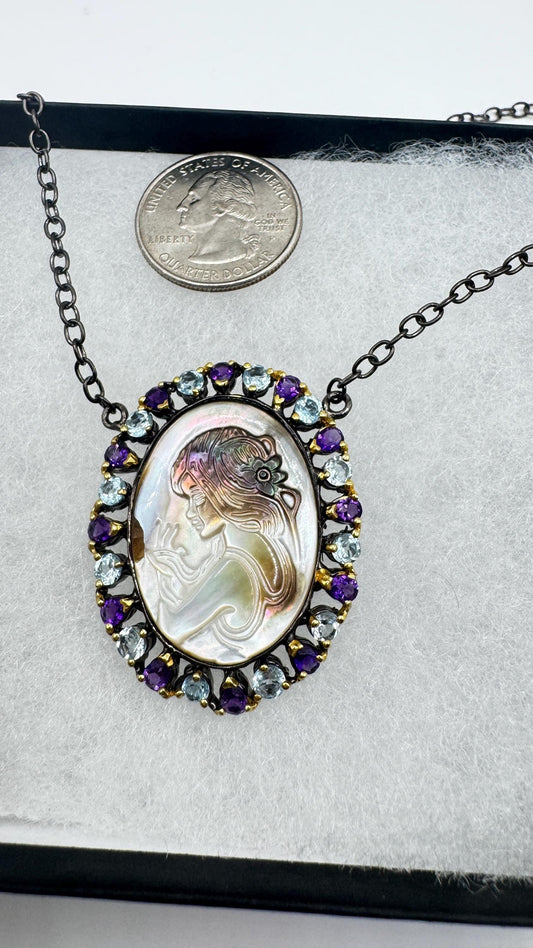 Vintage abalone Cameo Necklace 925 Sterling Silver