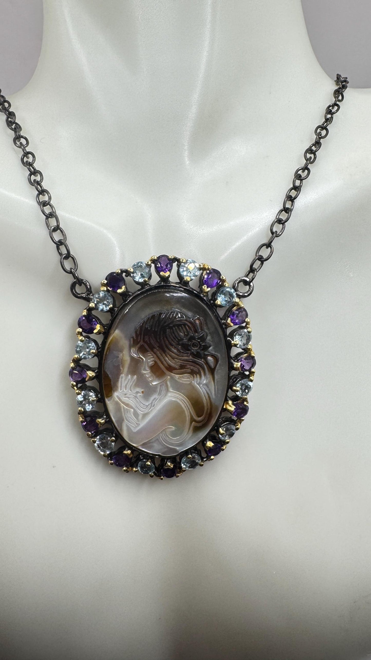 Vintage abalone Cameo Necklace 925 Sterling Silver