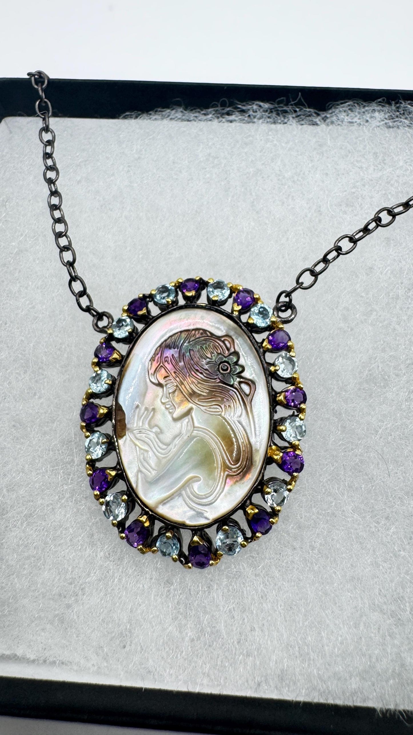 Vintage abalone Cameo Necklace 925 Sterling Silver