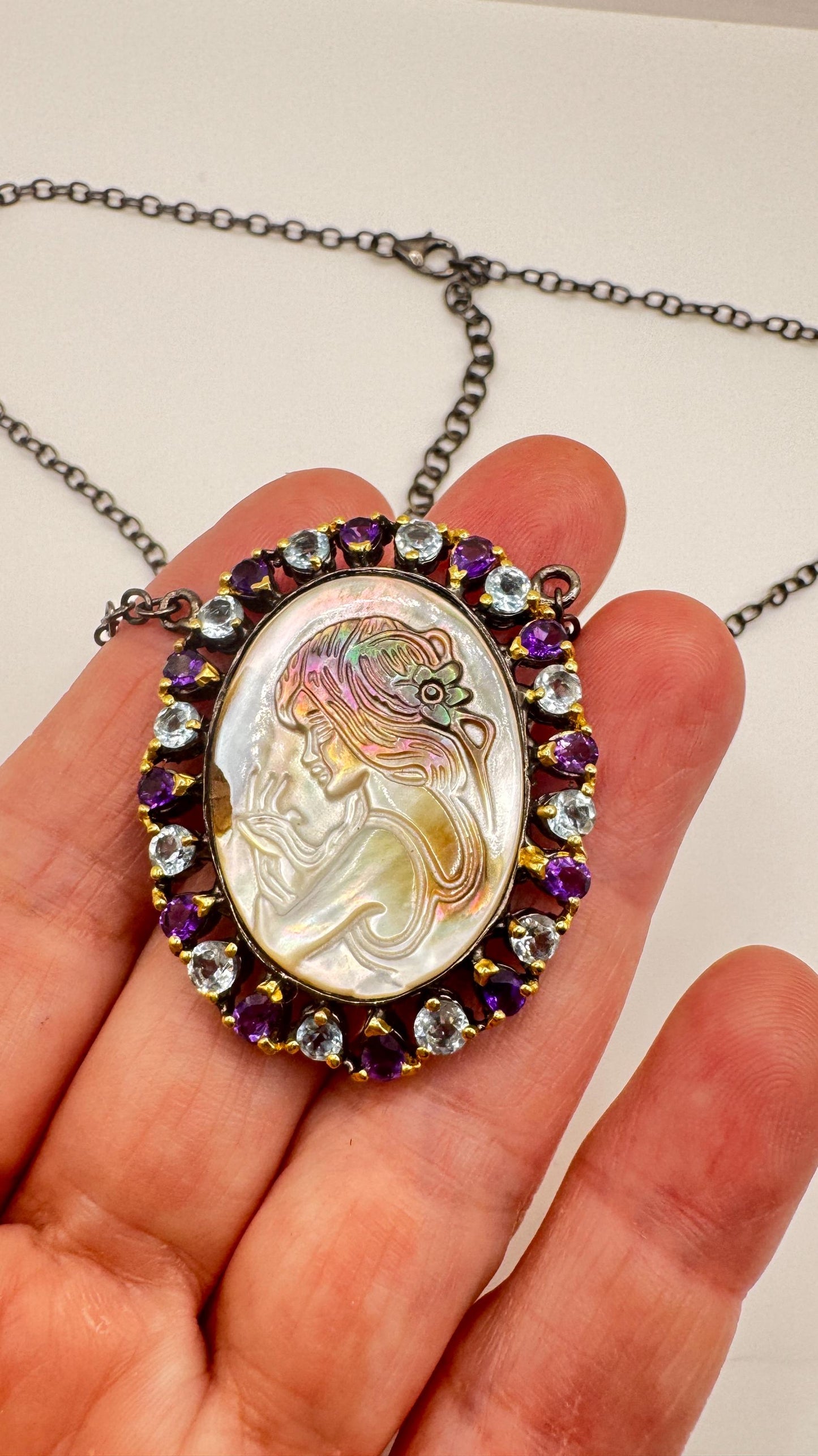 Vintage abalone Cameo Necklace 925 Sterling Silver