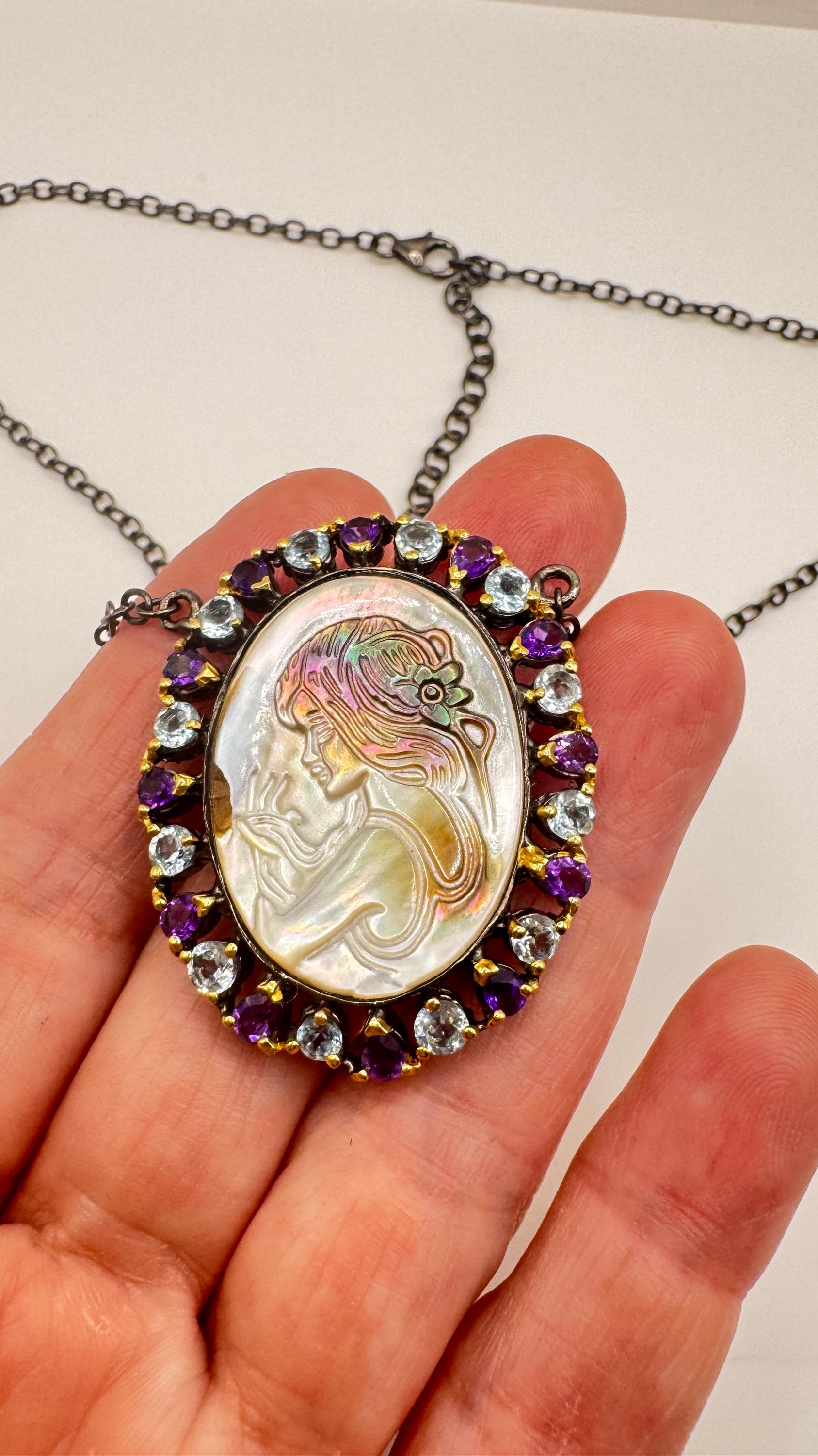 Vintage abalone Cameo Necklace 925 Sterling Silver