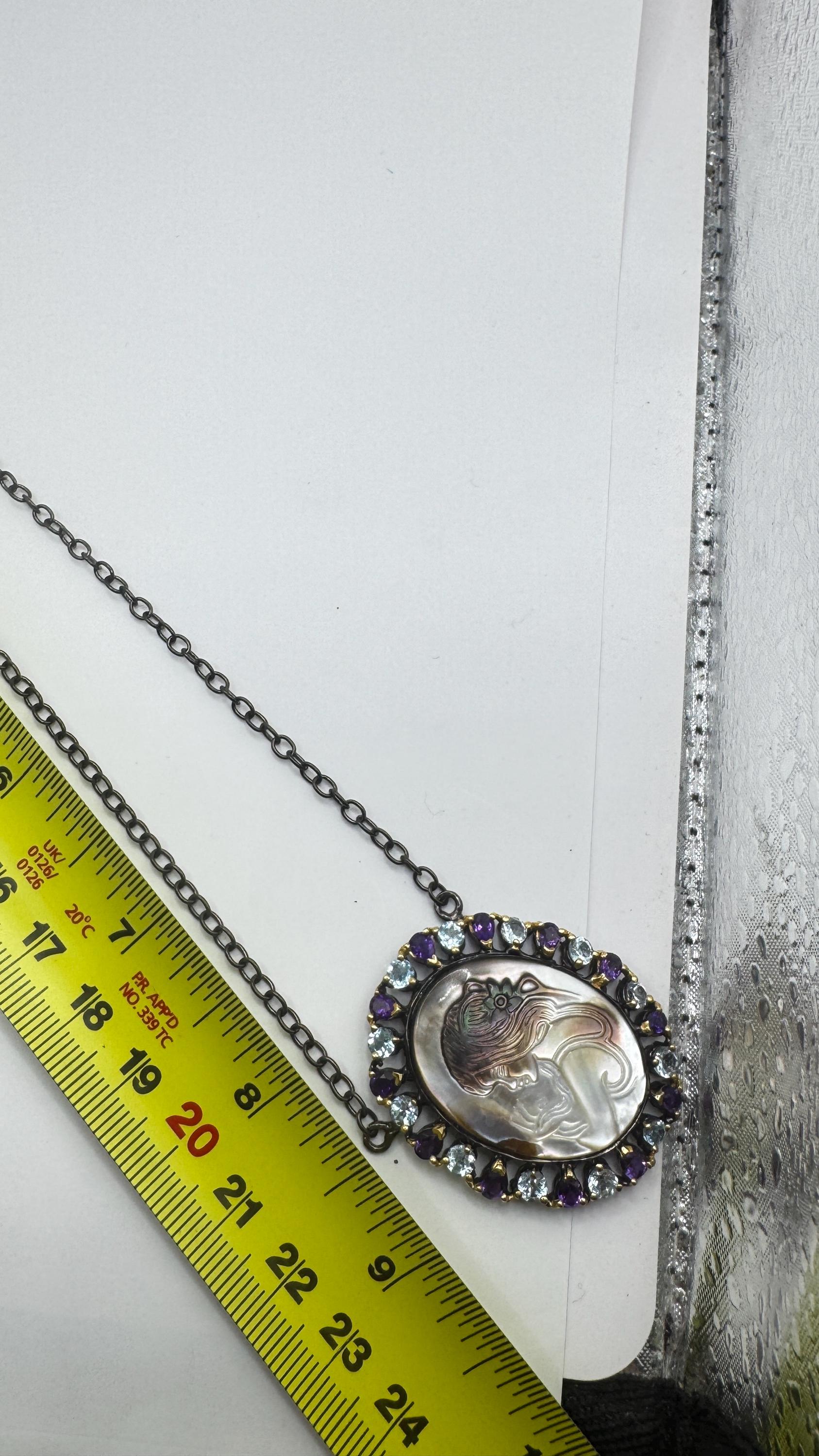 Vintage abalone Cameo Necklace 925 Sterling Silver