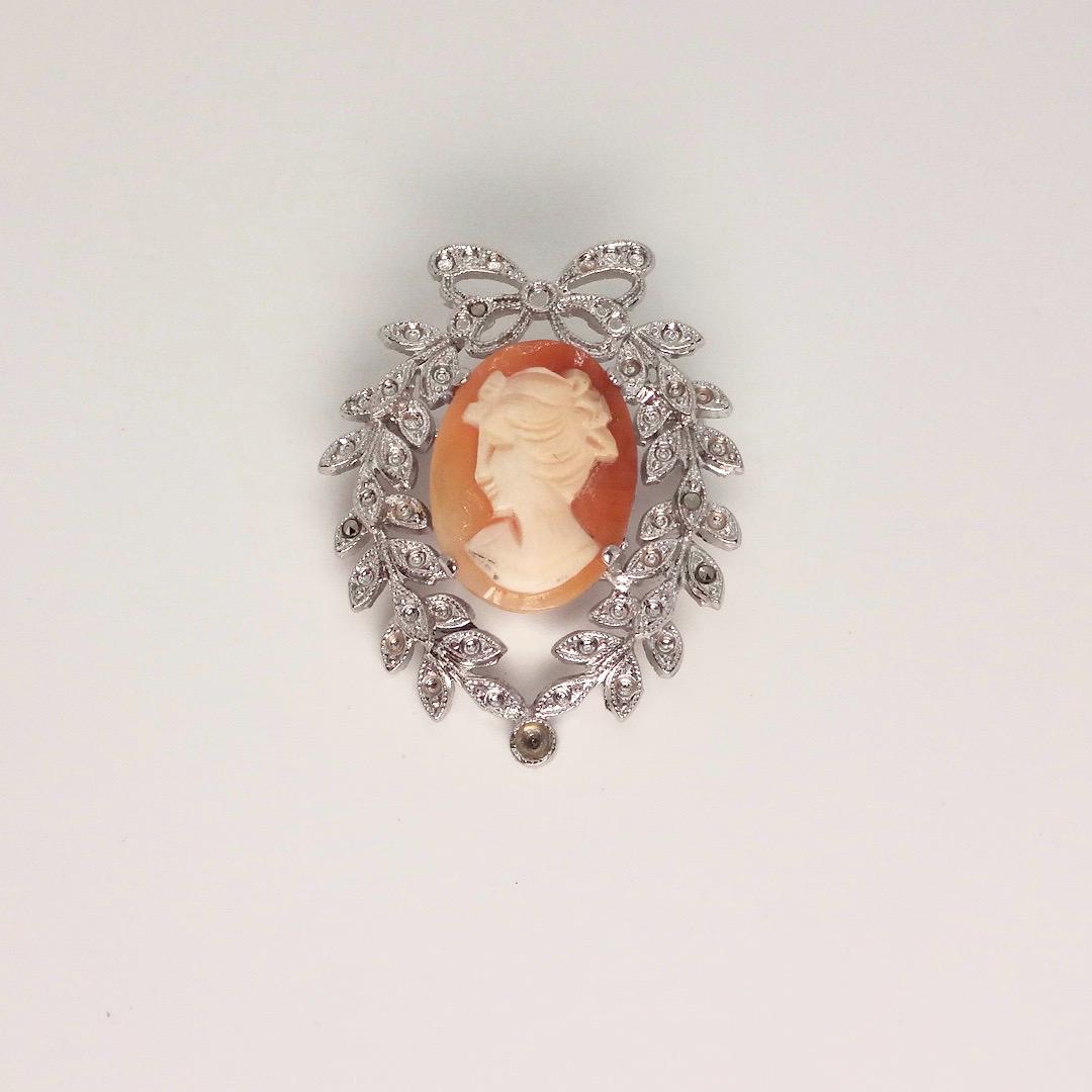 Vintage Shell Cameo 925 Sterling Silver Necklace Pin Choker