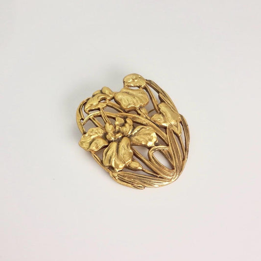 Vintage Deco Bronze Iris Flower Brooch Pin