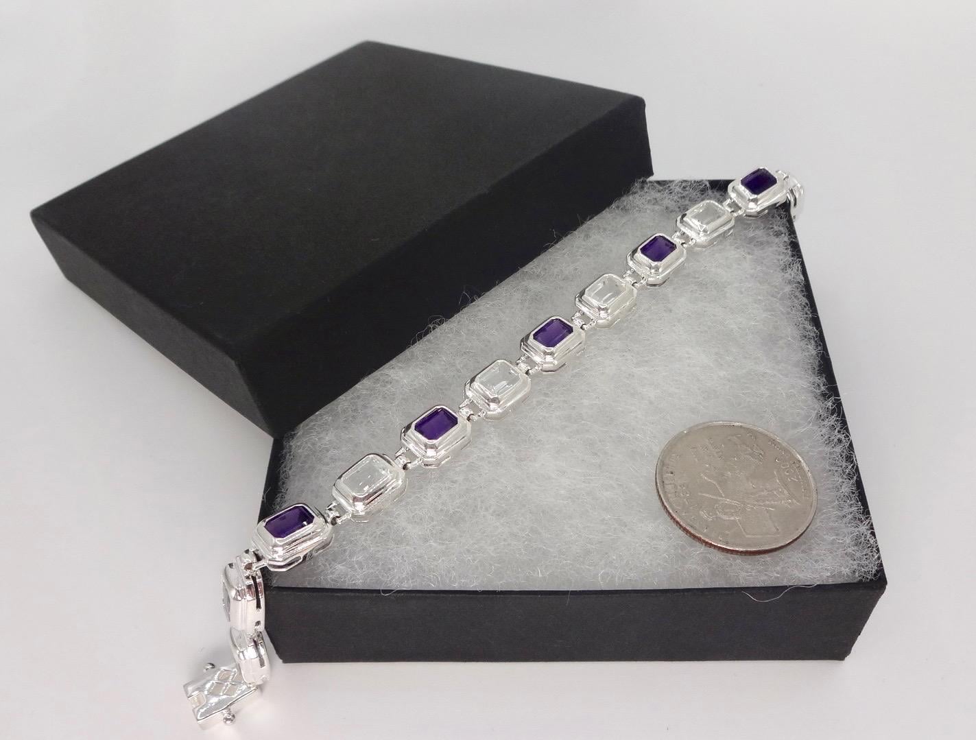 Handmade Genuine Purple Amethyst and white sapphire 925 Sterling Silver Tennis Bracelet