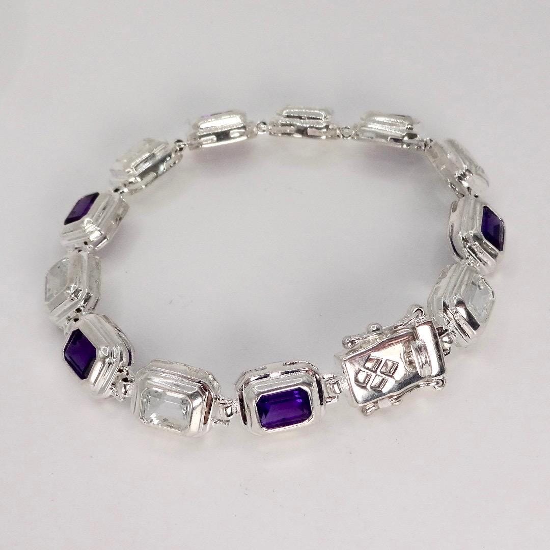 Handmade Genuine Purple Amethyst and white sapphire 925 Sterling Silver Tennis Bracelet