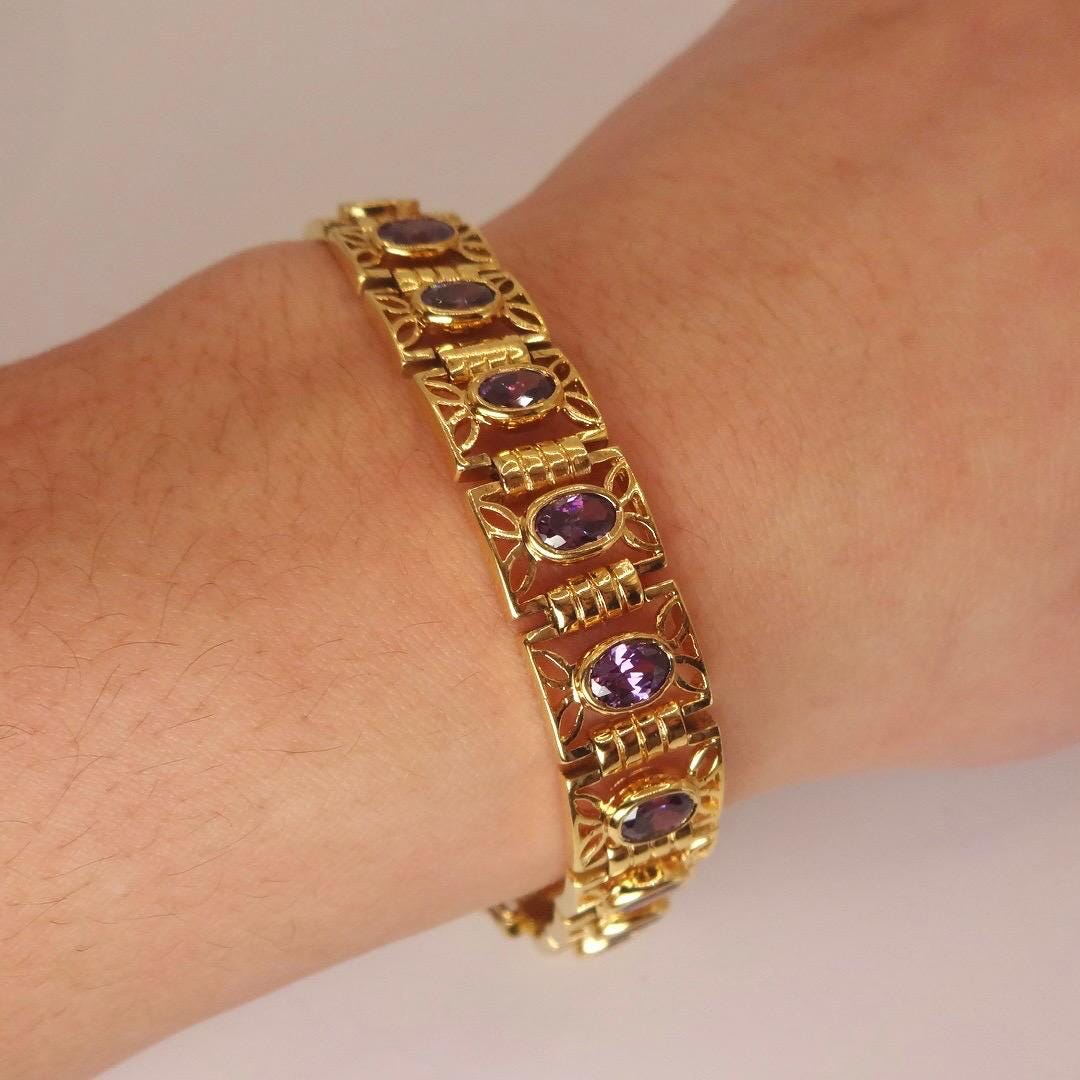 Vintage Purple Amethyst Tennis Bracelet in Gold 925 Sterling Silver
