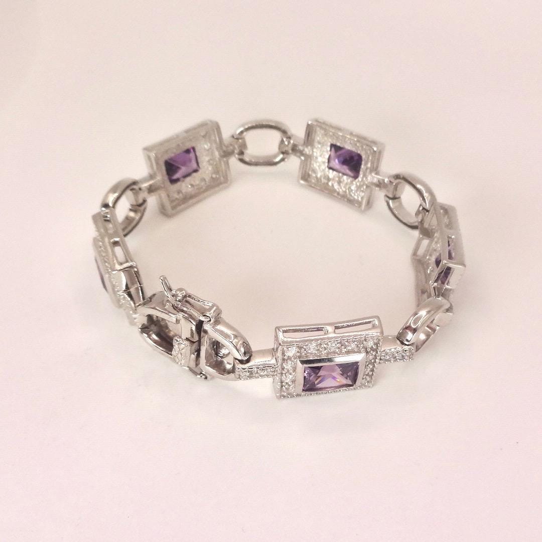Vintage Purple Amethyst Deco Bracelet 925 Sterling Silver