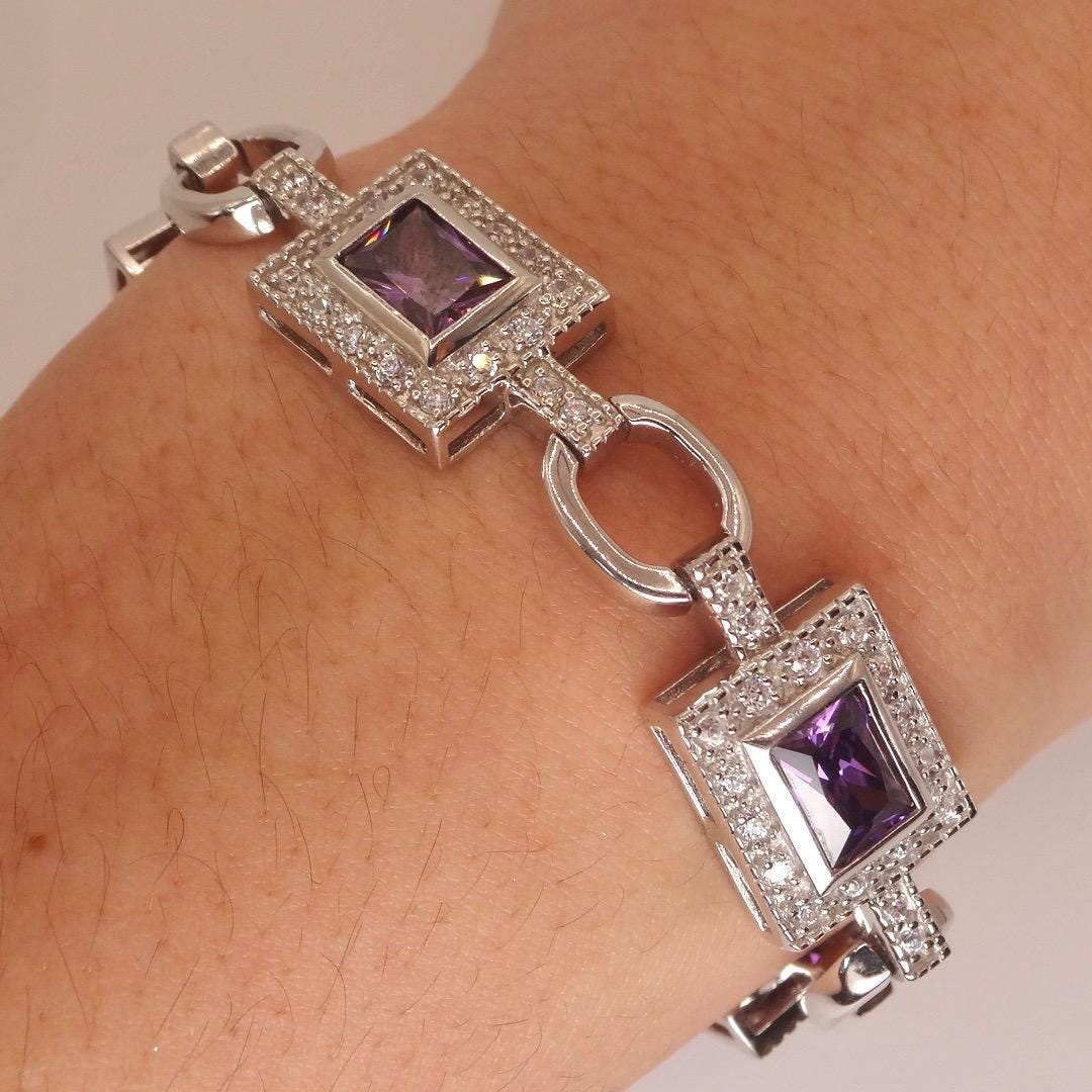 Vintage Purple Amethyst Deco Bracelet 925 Sterling Silver