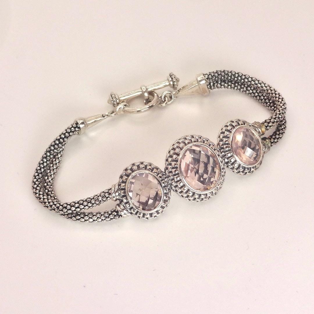 Vintage Pink Rose Quartz 925 Sterling Silver Toggle Bracelet