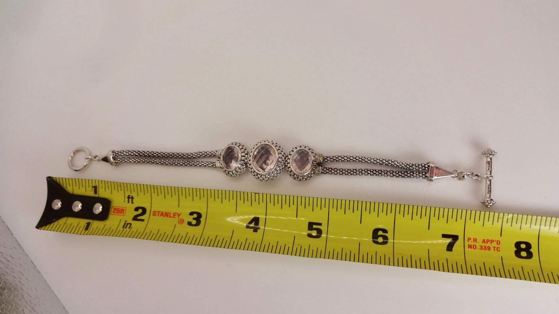 Vintage Pink Rose Quartz 925 Sterling Silver Toggle Bracelet
