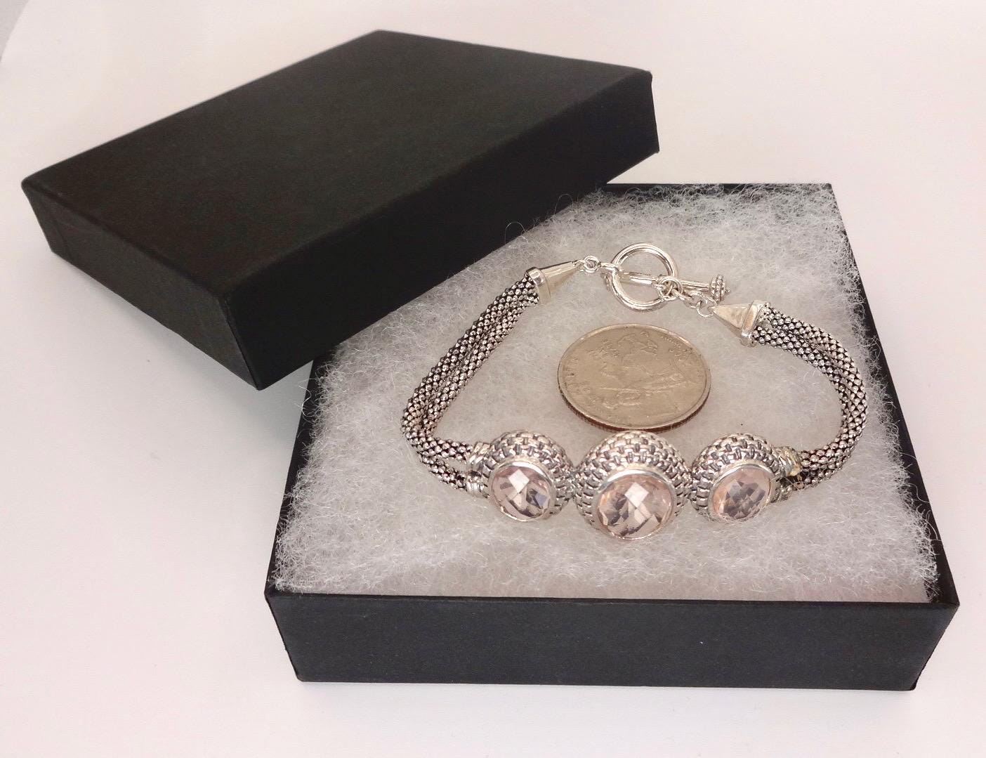 Vintage Pink Rose Quartz 925 Sterling Silver Toggle Bracelet