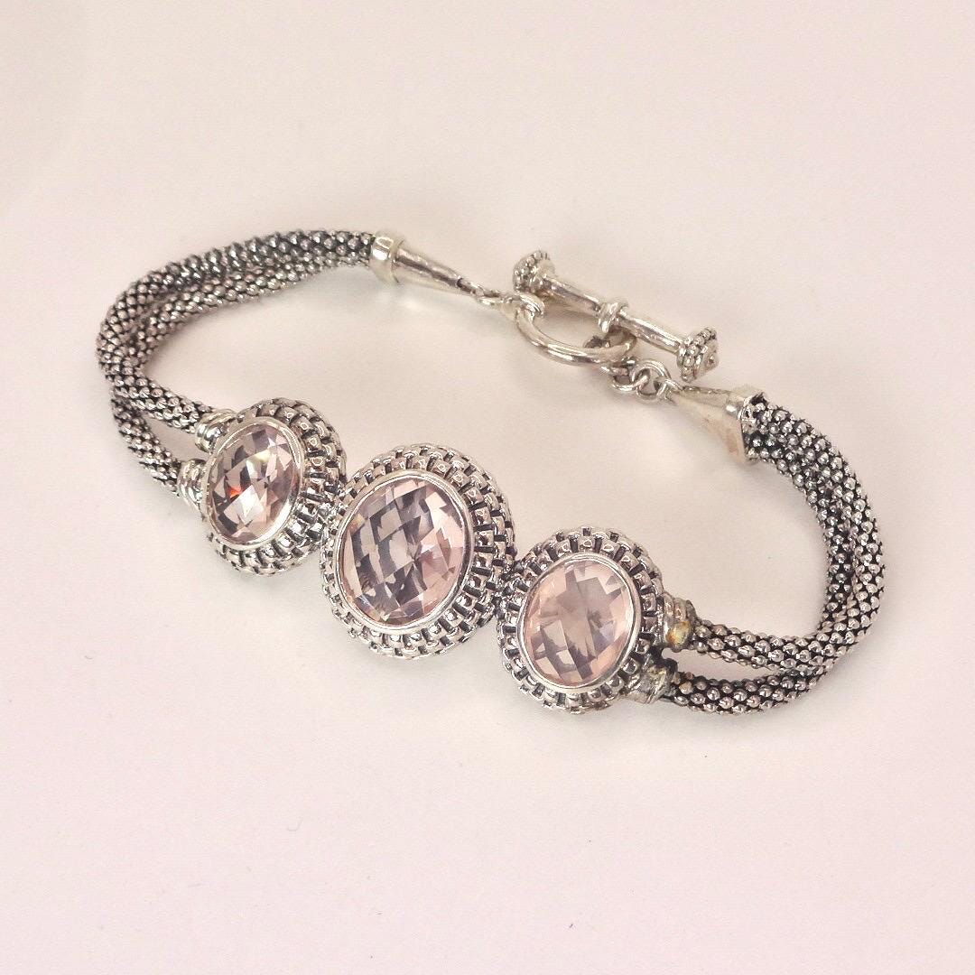 Vintage Pink Rose Quartz 925 Sterling Silver Toggle Bracelet