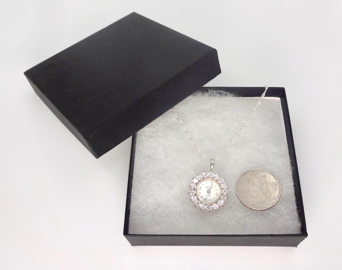 Vintage Watch Necklace 925 Sterling Silver Clear CZ