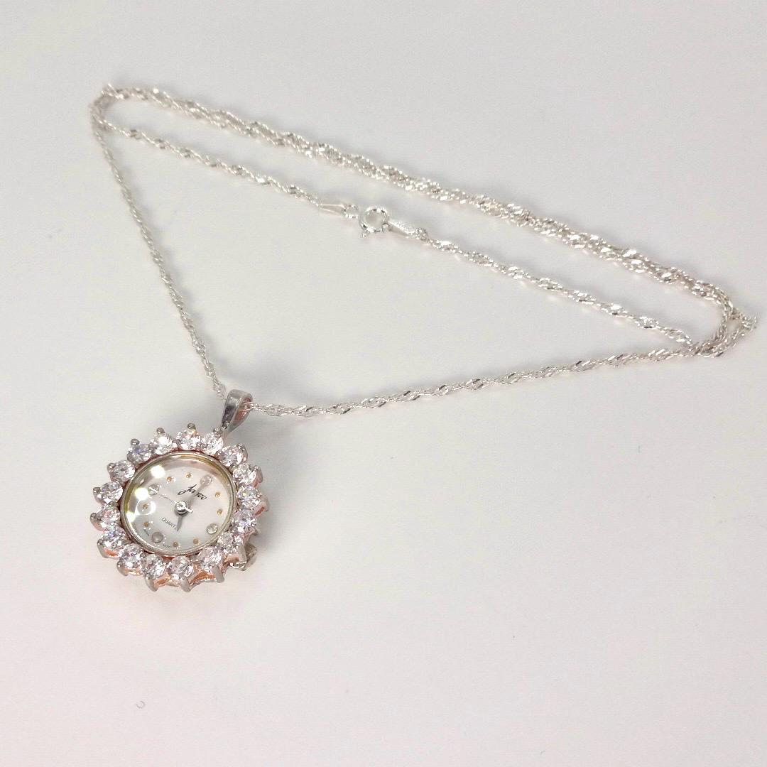 Vintage Watch Necklace 925 Sterling Silver Clear CZ