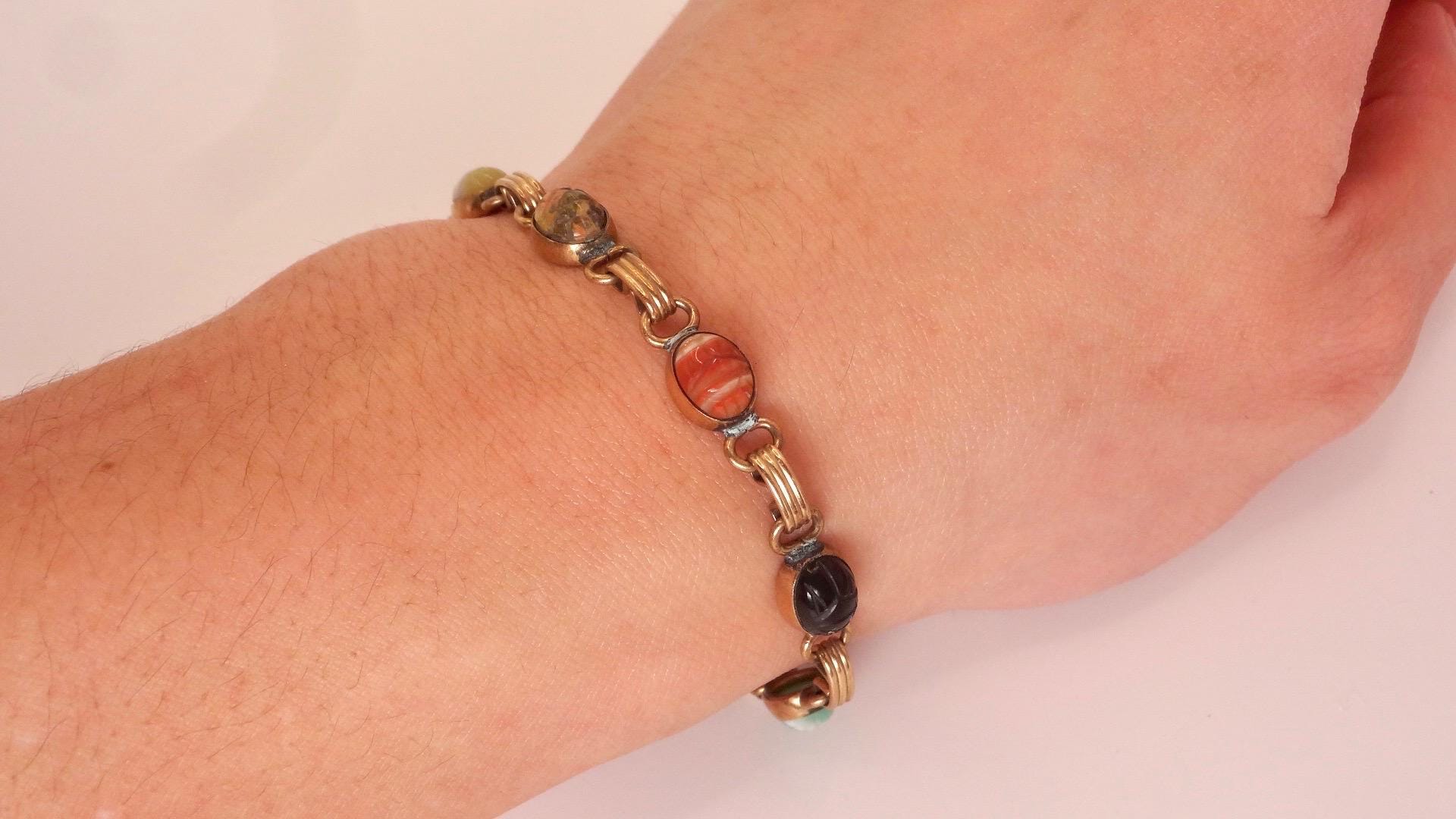 Vintage Scarab Bracelet Gold filled Carved Gemstones