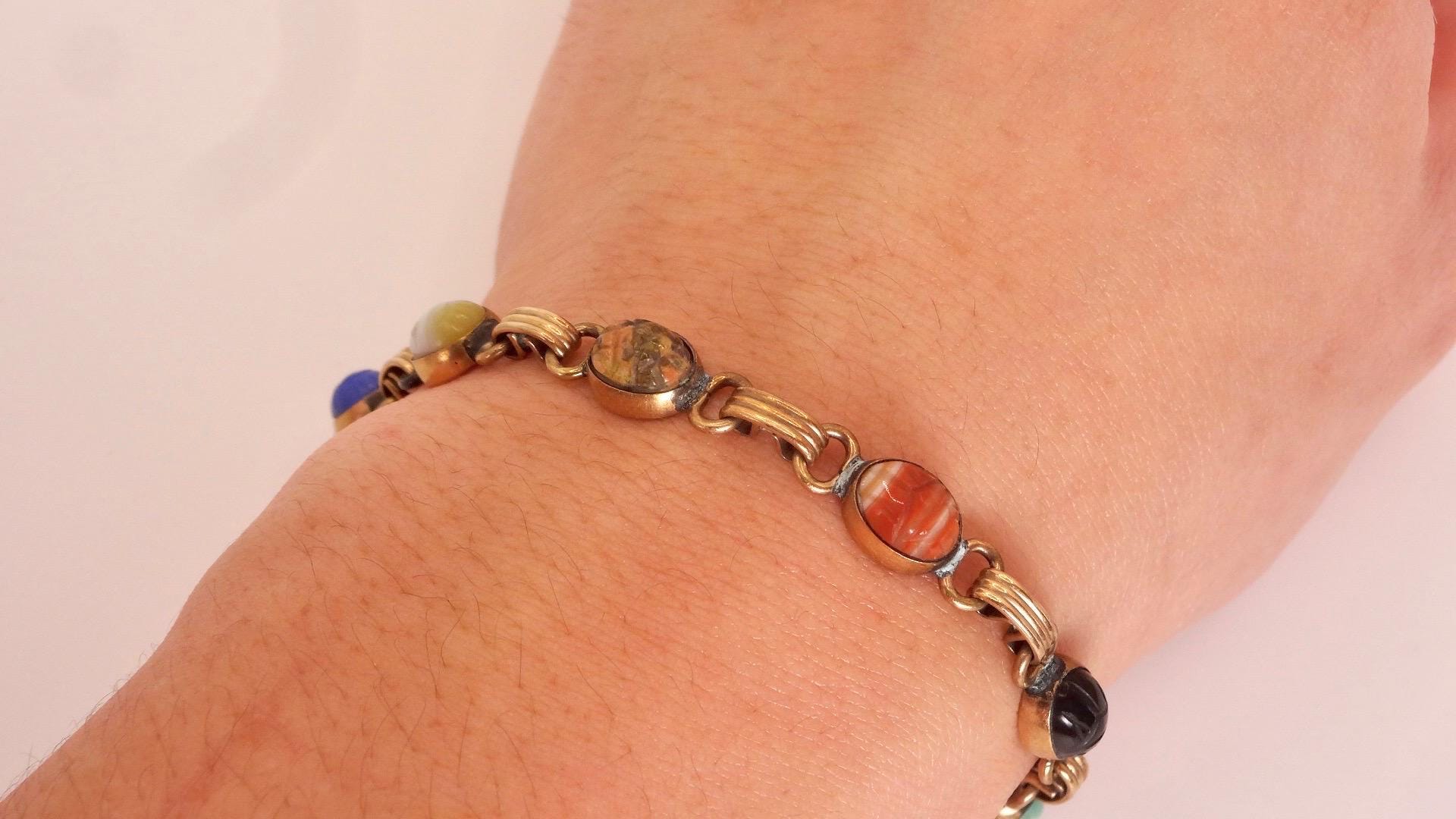 Vintage Scarab Bracelet Gold filled Carved Gemstones