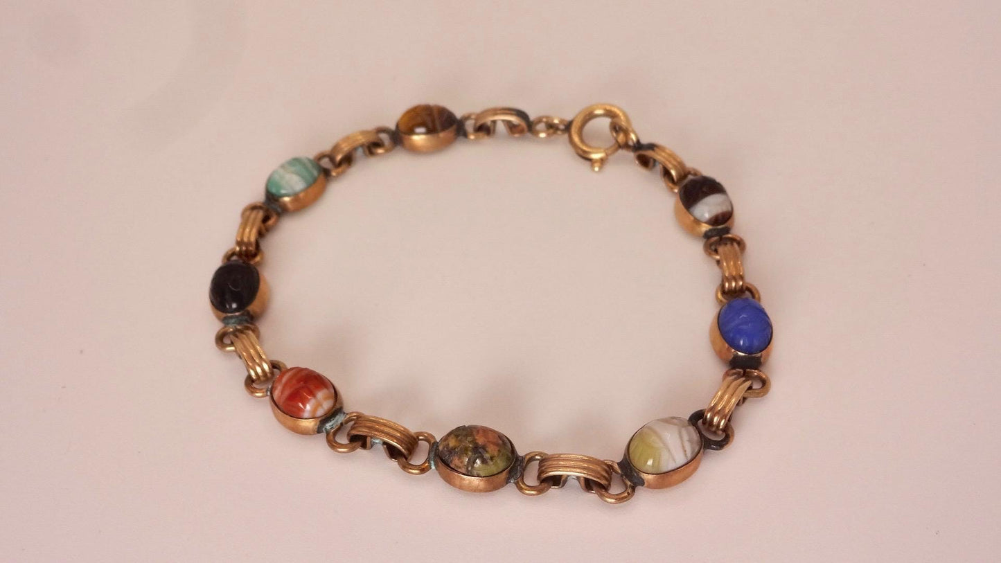 Vintage Scarab Bracelet Gold filled Carved Gemstones