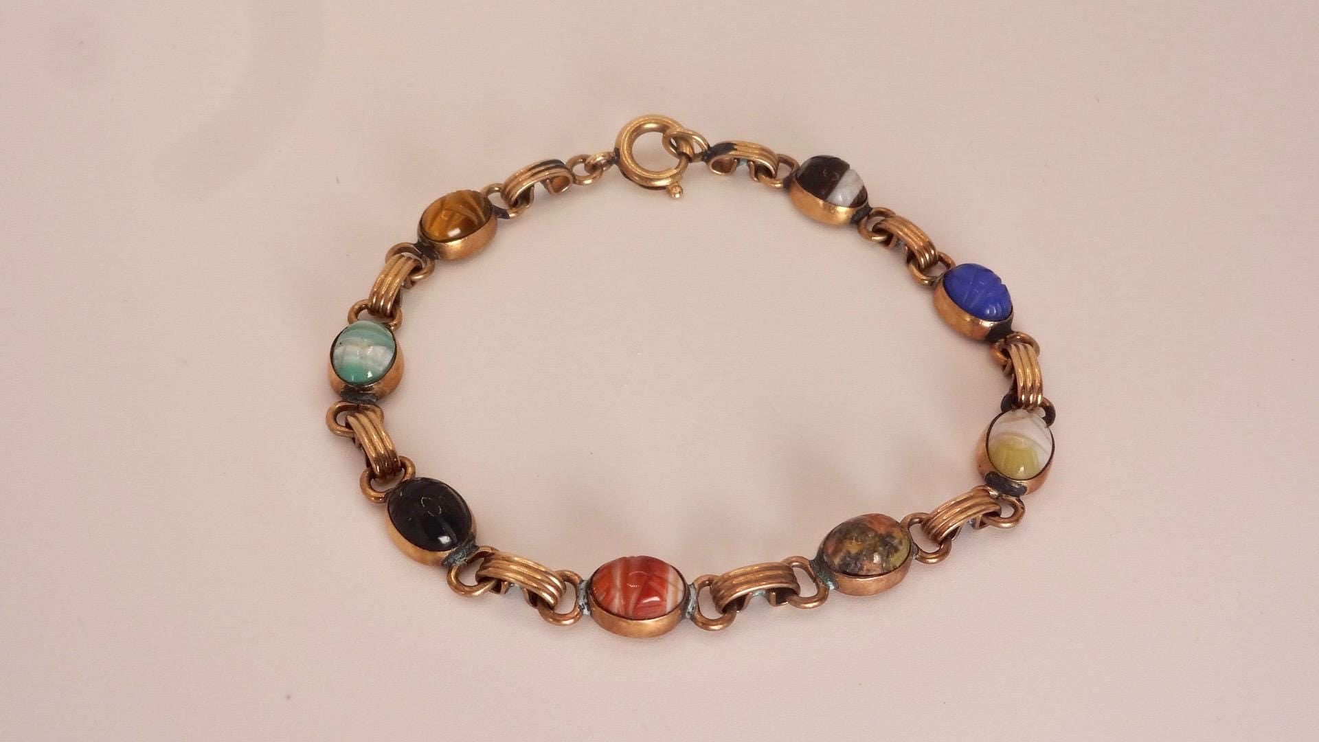 Vintage Scarab Bracelet Gold filled Carved Gemstones